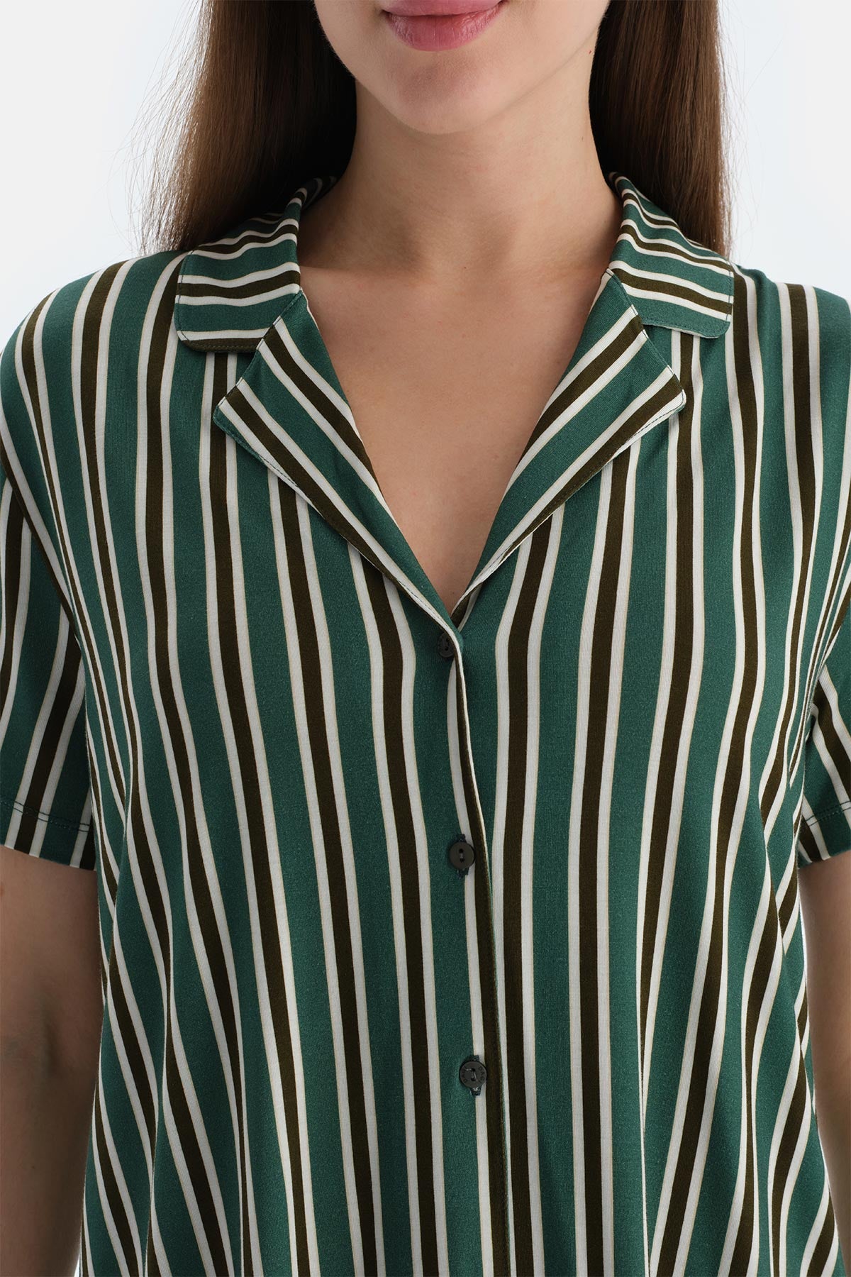 Koyu Yeşil Çizgili Penye Modal Gömlek Şort Pijama Takımı