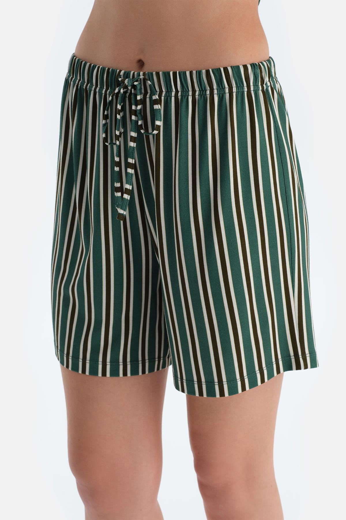 Koyu Yeşil Çizgili Penye Modal Gömlek Şort Pijama Takımı