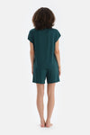 Koyu Yeşil Düşük Omuzlu Kısa Kollu Viskon Tişört Şort Pijama Takımı
