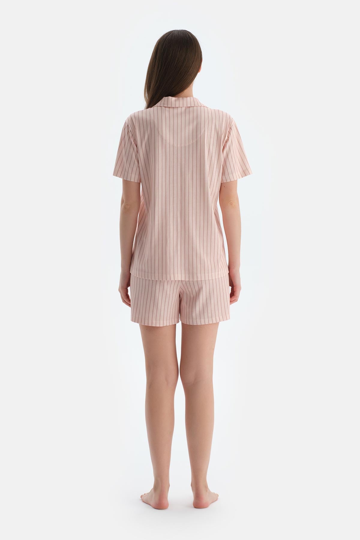 Açık Pembe Çizgili Penye Modal Gömlek Şort Pijama Takımı