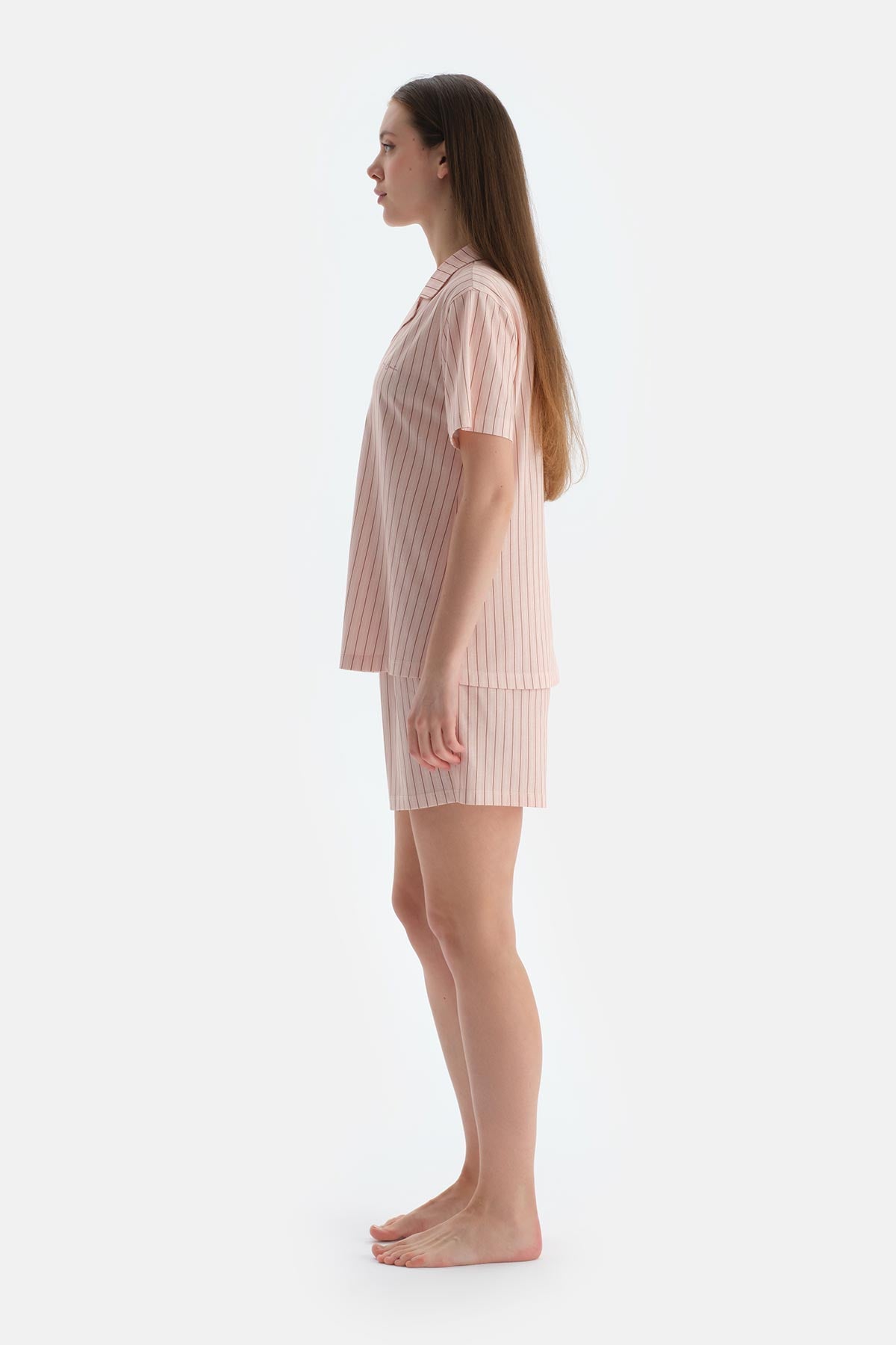 Açık Pembe Çizgili Penye Modal Gömlek Şort Pijama Takımı