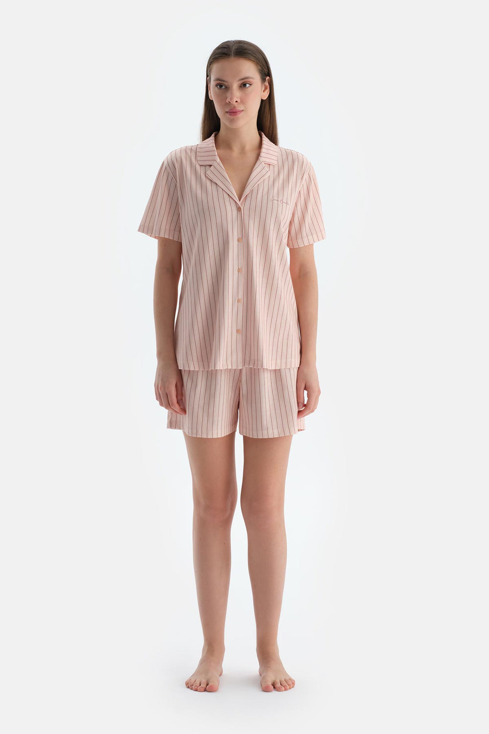 Açık Pembe Çizgili Penye Modal Gömlek Şort Pijama Takımı