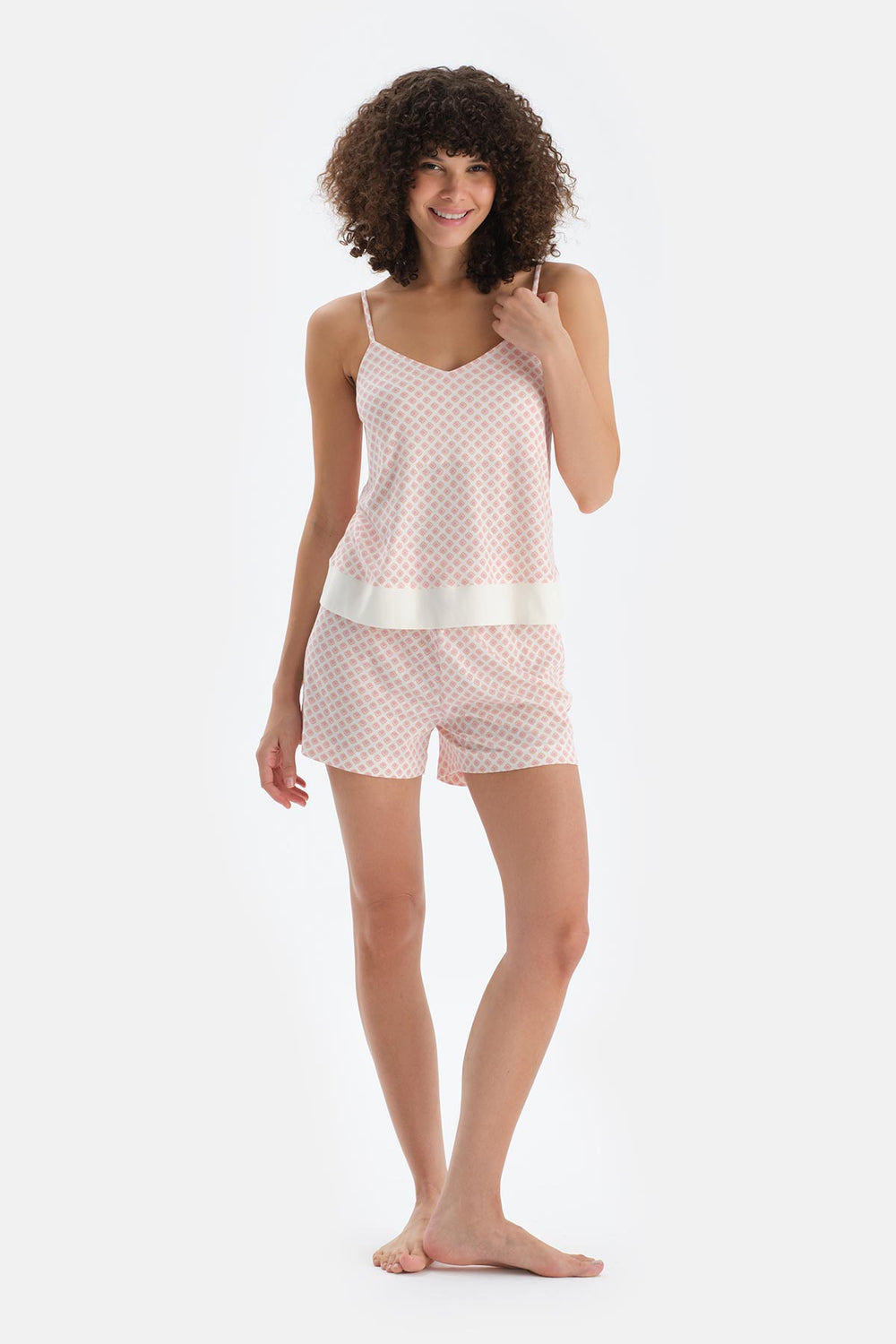 Turuncu V Yaka Metraj Baskılı Atlet Şort Pijama Takımı