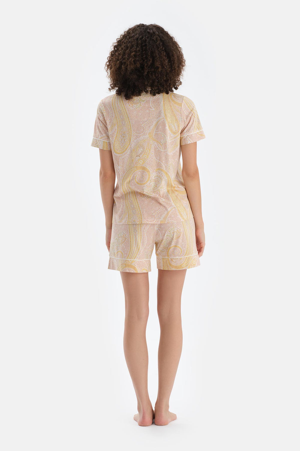 Turuncu Şal Desenli Penye Modal Gömlek Şort Pijama Takımı