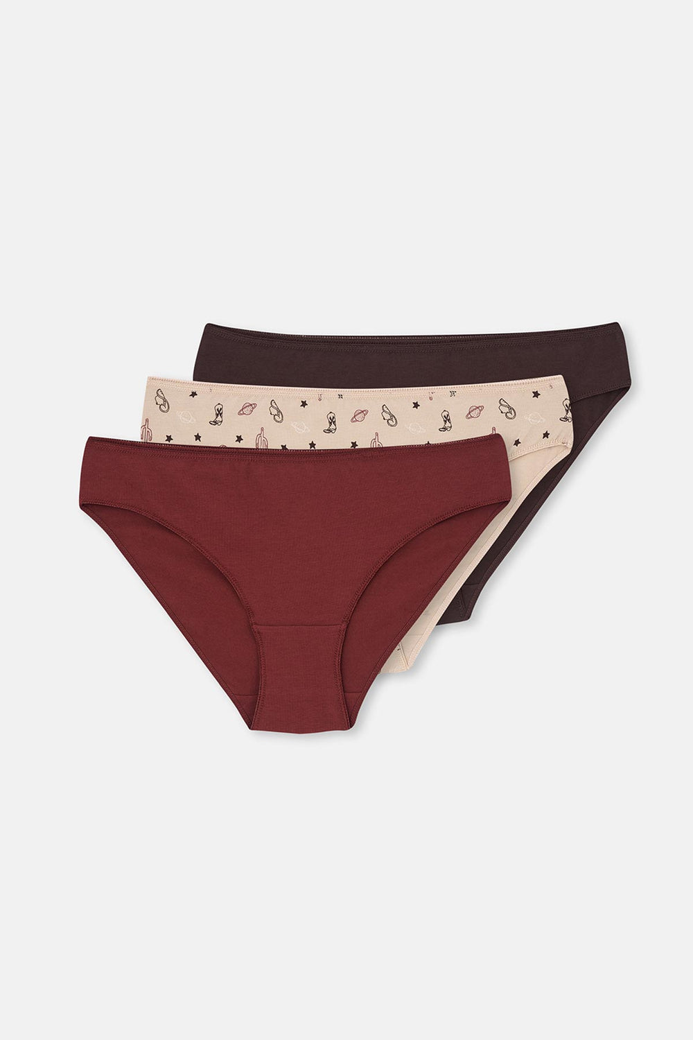 Bordo-Koyu Kahverengi rengi Kadın 3'lü Desenli Brıef Külot