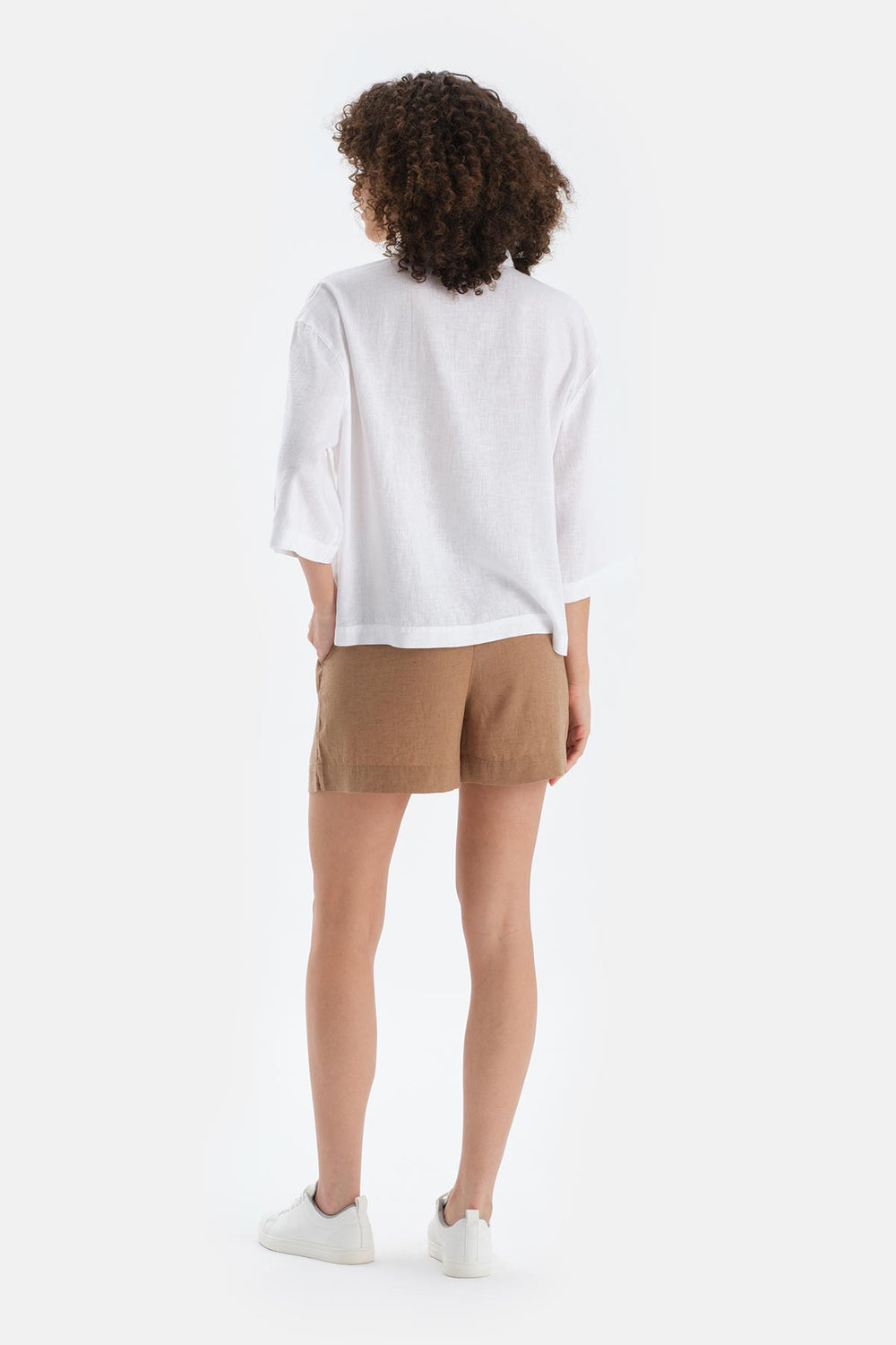 Kırık Beyaz Uzun Kollu Keten Lyocell Karışımlı Dokuma Gömlek