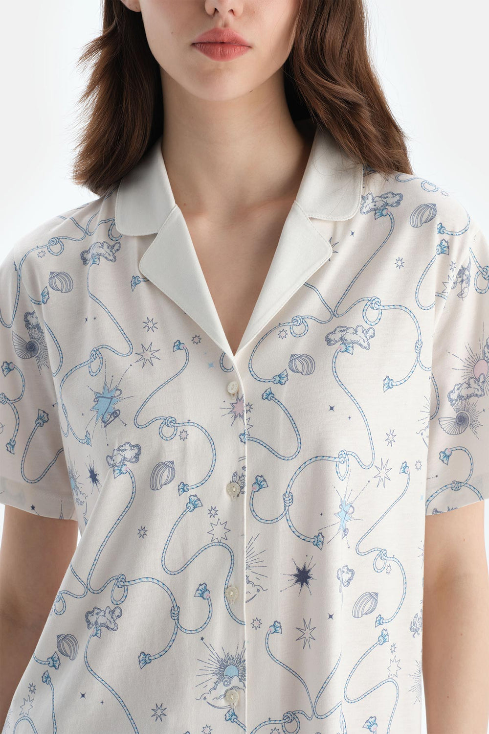 Ekru Metraj Baskılı Penye Modal Gömlek Şort Pijama Takımı