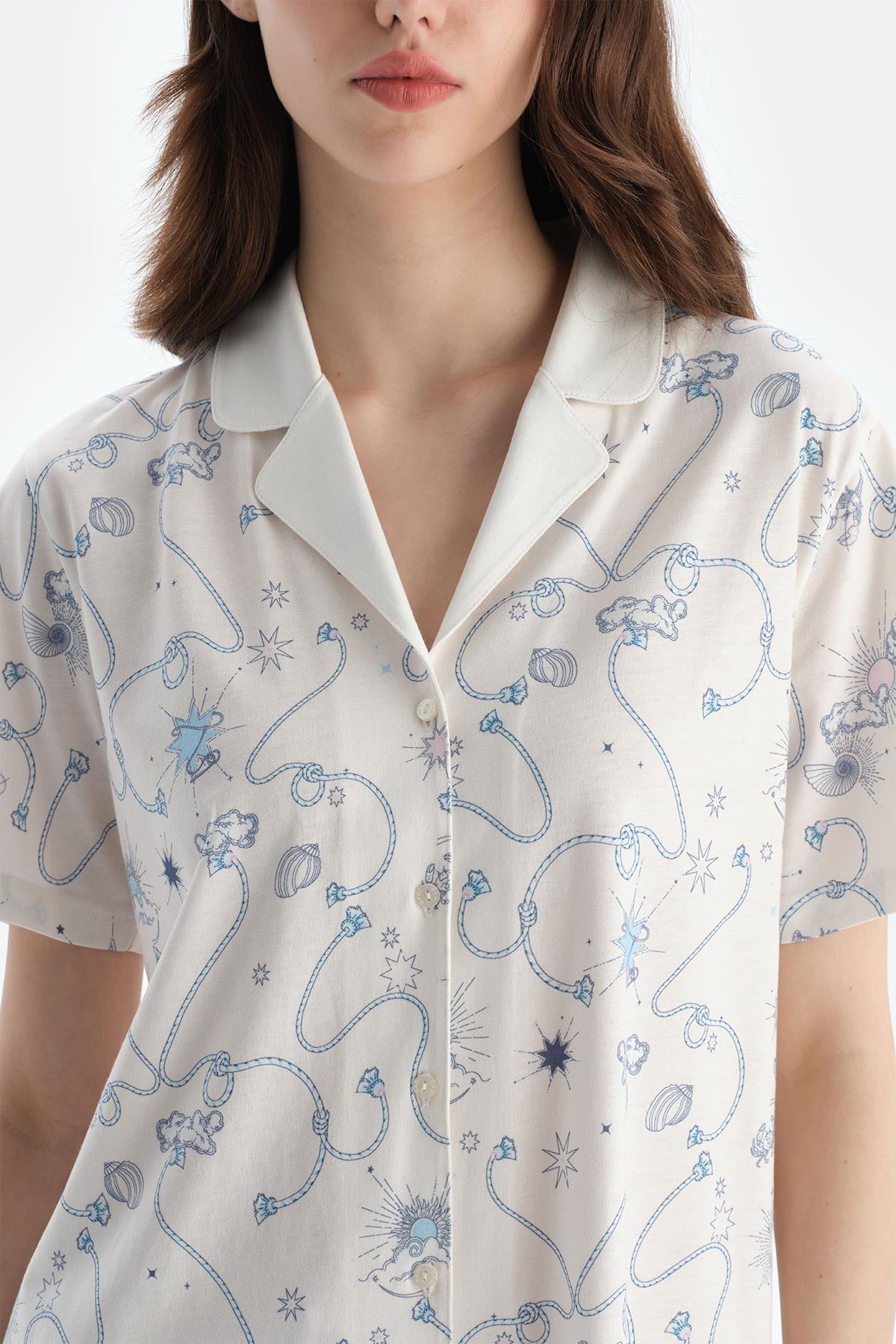 Ekru Metraj Baskılı Penye Modal Gömlek Şort Pijama Takımı