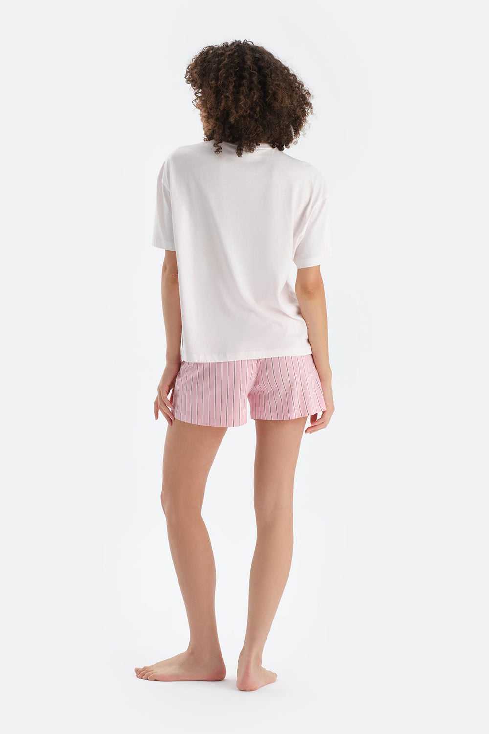 Açık Pembe Baskı Detaylı Kısa Kollu Tişört Şort Pijama Takımı