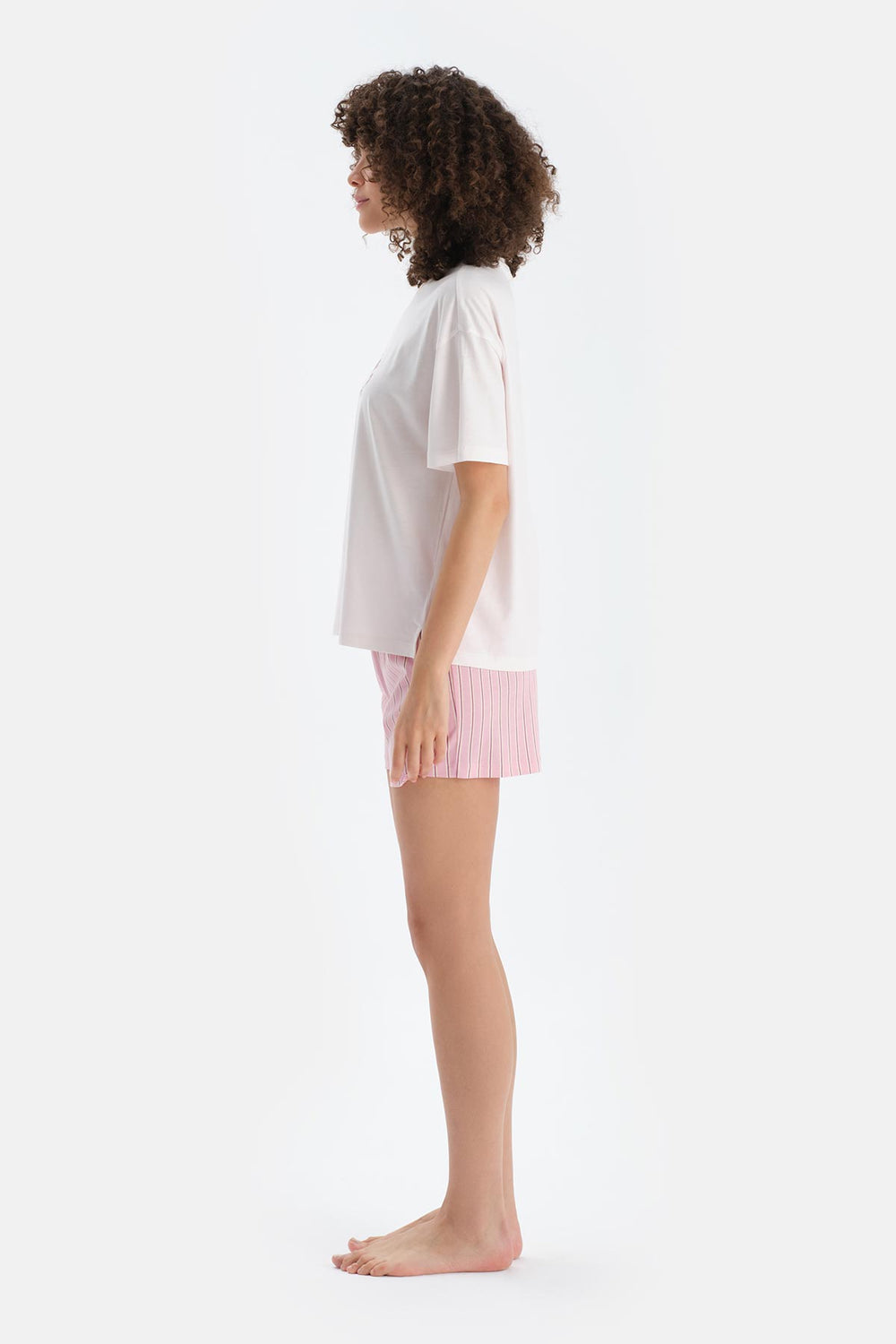 Açık Pembe Baskı Detaylı Kısa Kollu Tişört Şort Pijama Takımı