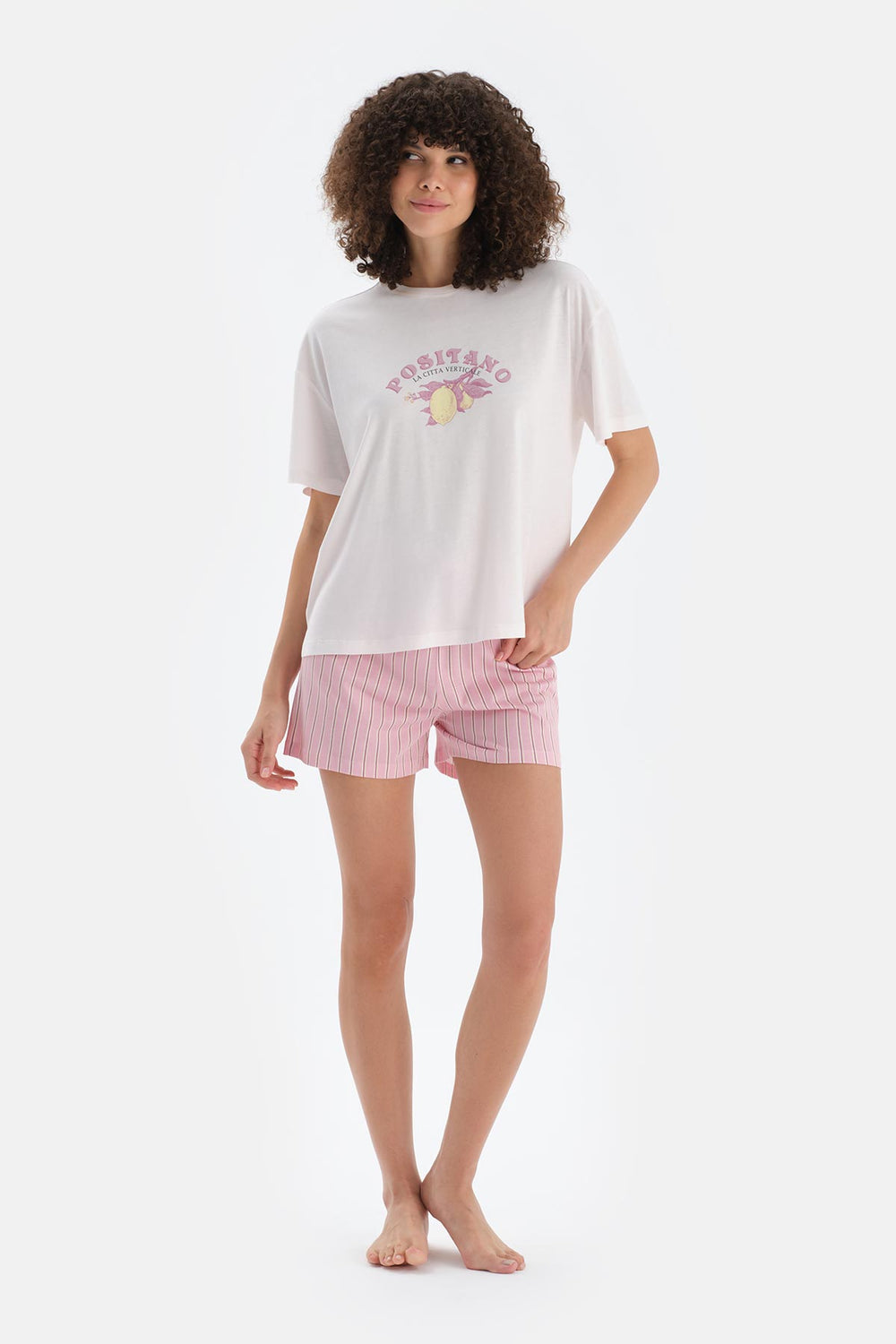 Açık Pembe Baskı Detaylı Kısa Kollu Tişört Şort Pijama Takımı