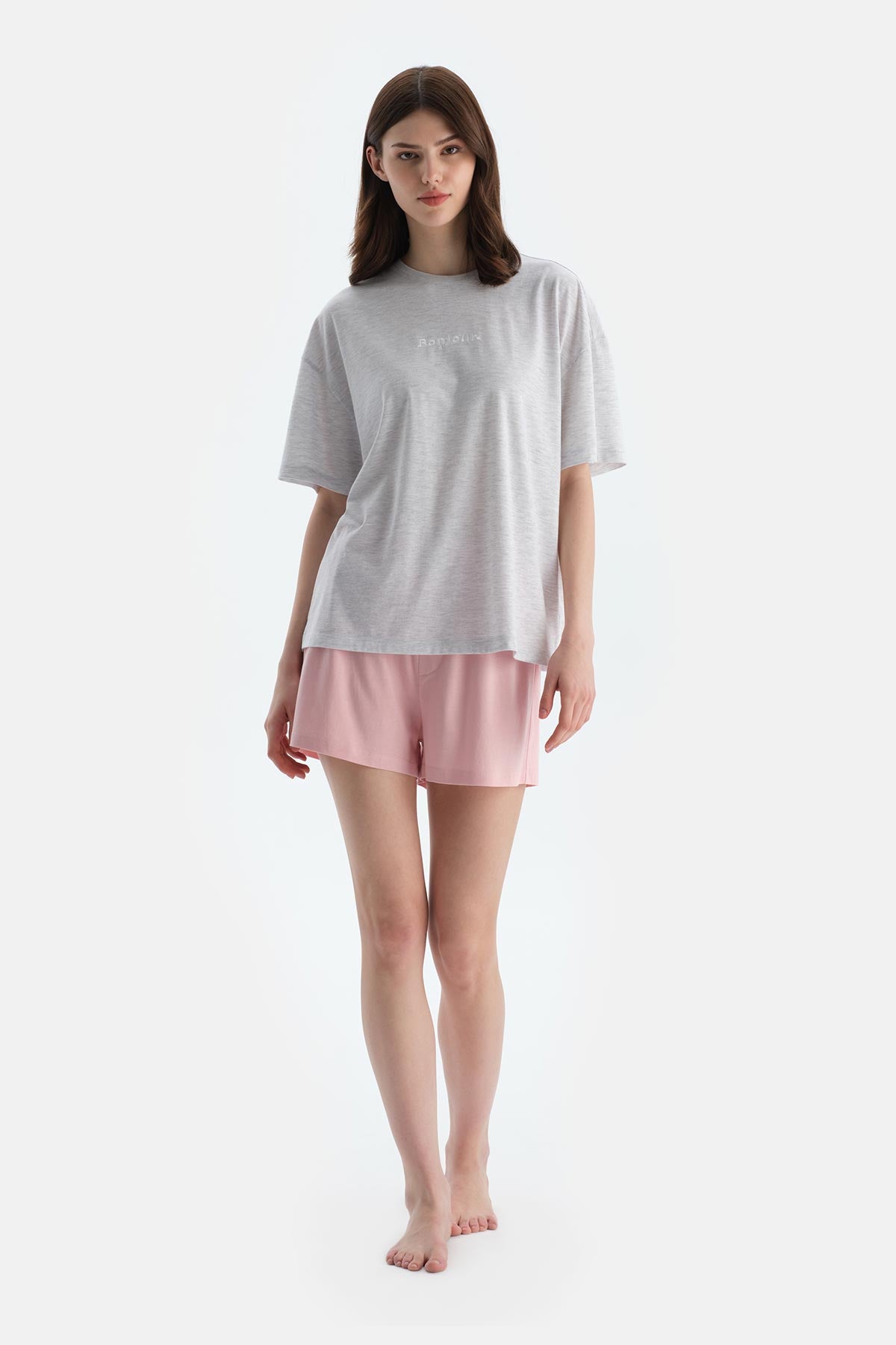 Gri Melanj Baskı Detaylı Kısa Kollu Tişört Şort Pijama Takımı