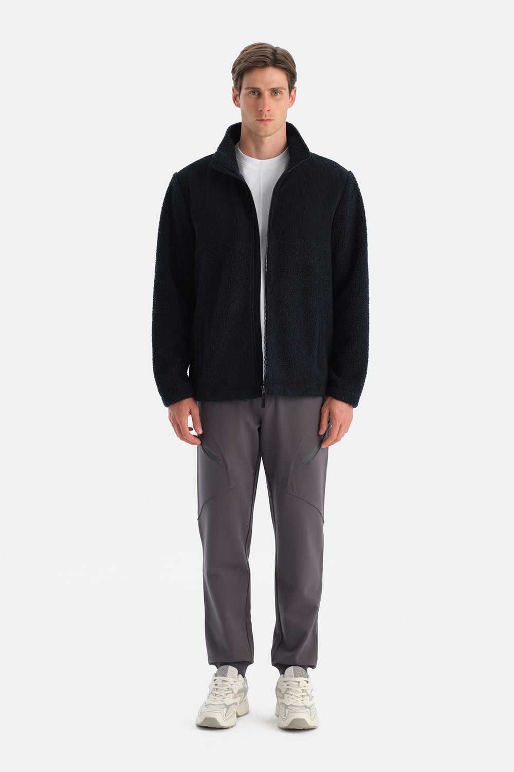 Lacivert Erkek Fermuarlı Kadife Detaylı Polar Mont