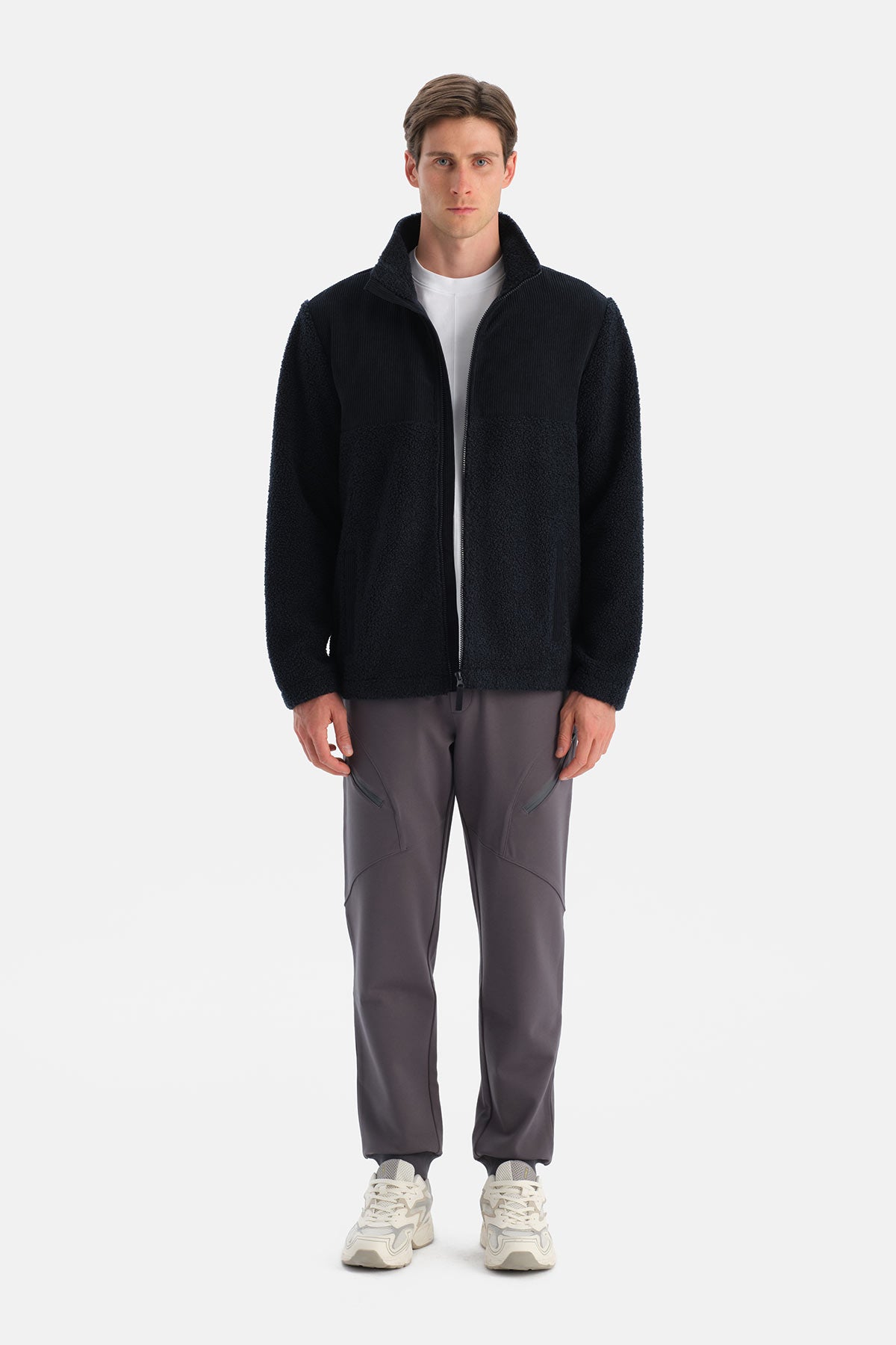 Lacivert Erkek Fermuarlı Kadife Detaylı Polar Mont