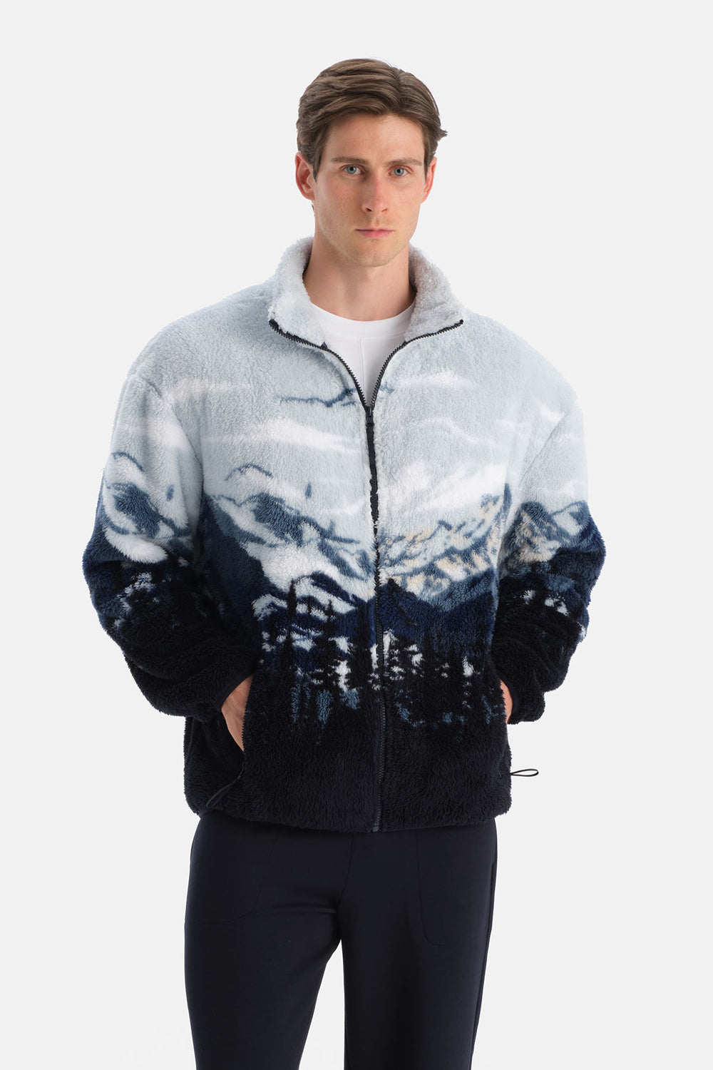Multicolor Erkek Dağ Baskılı Polar Sweatshirt