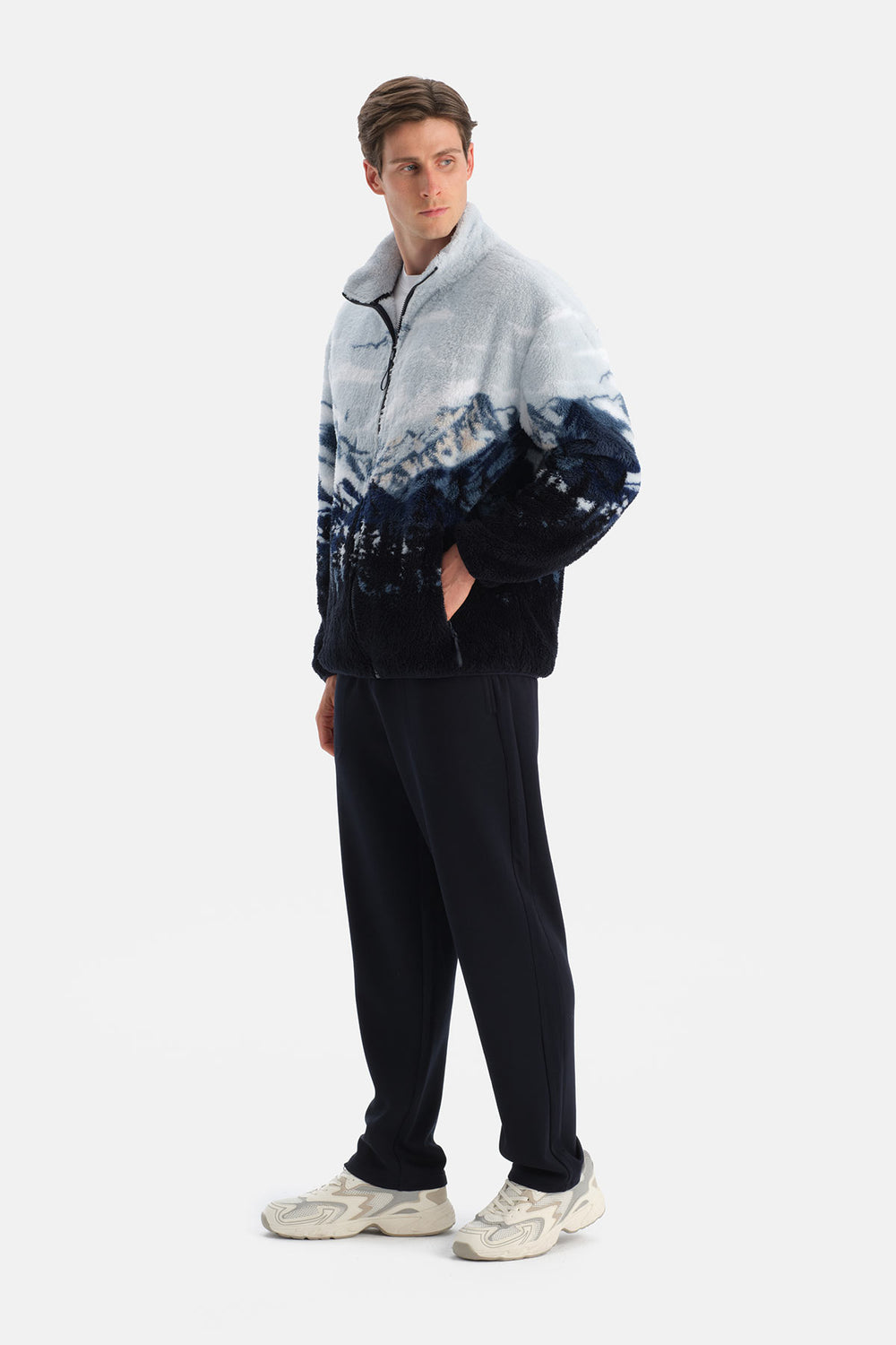 Multicolor Erkek Dağ Baskılı Polar Sweatshirt