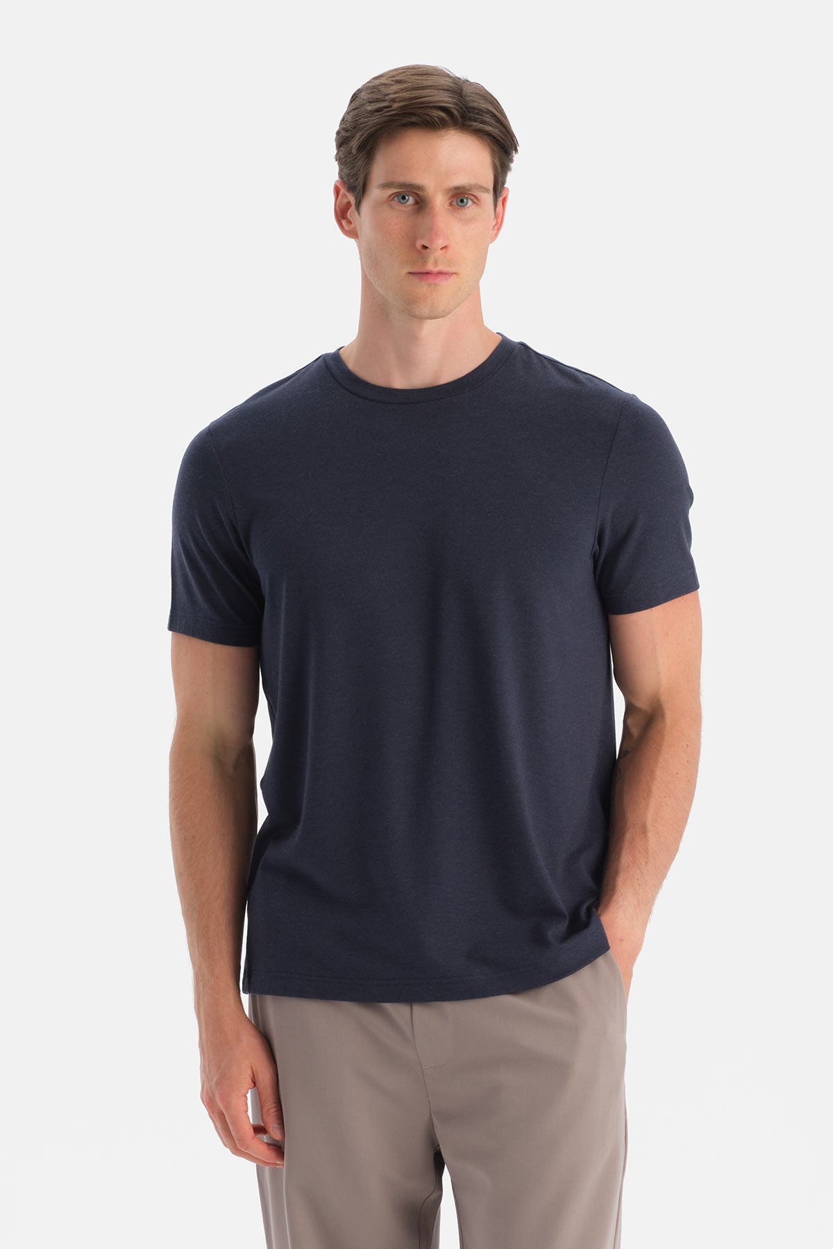 Lacivert Bis Yaka Soft Touch Tişört Regular