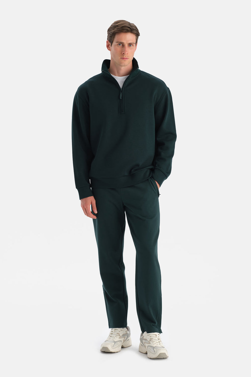 Koyu Yeşil Erkek Yarım Fermuarlı Sweatshirt