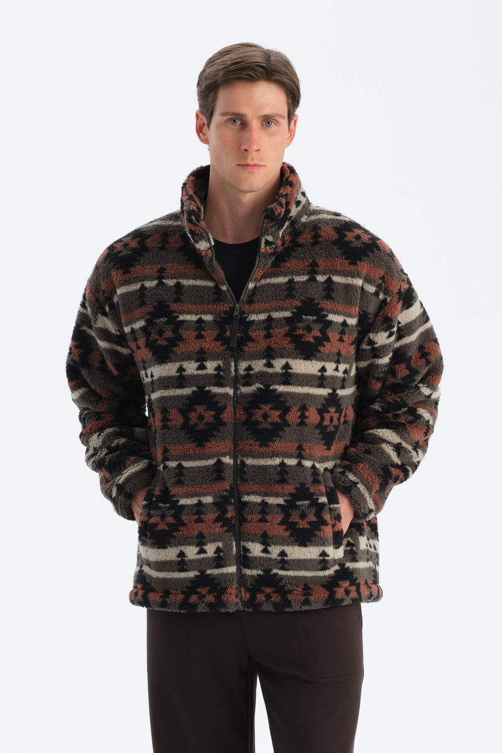 Multicolor Erkek Etnik Desen Baskılı Polar Sweatshirt
