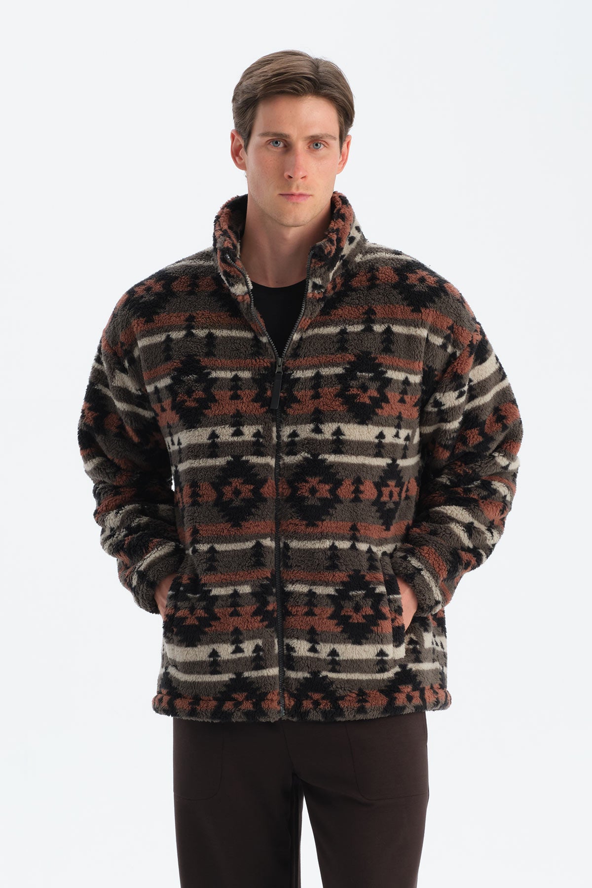 Multicolor Erkek Etnik Desen Baskılı Polar Sweatshirt