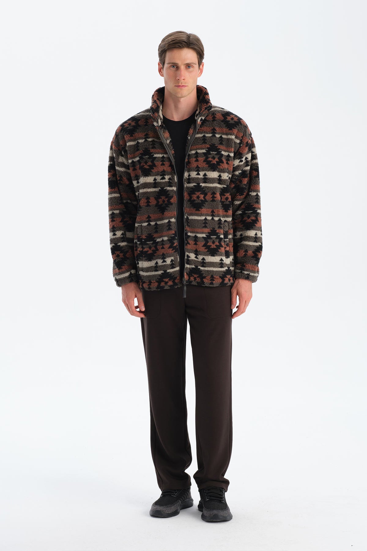 Multicolor Erkek Etnik Desen Baskılı Polar Sweatshirt