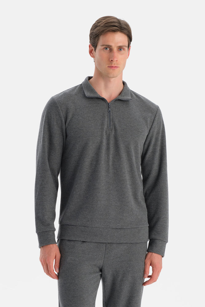 Gri Yarım Fermuarlı Sweatshirt