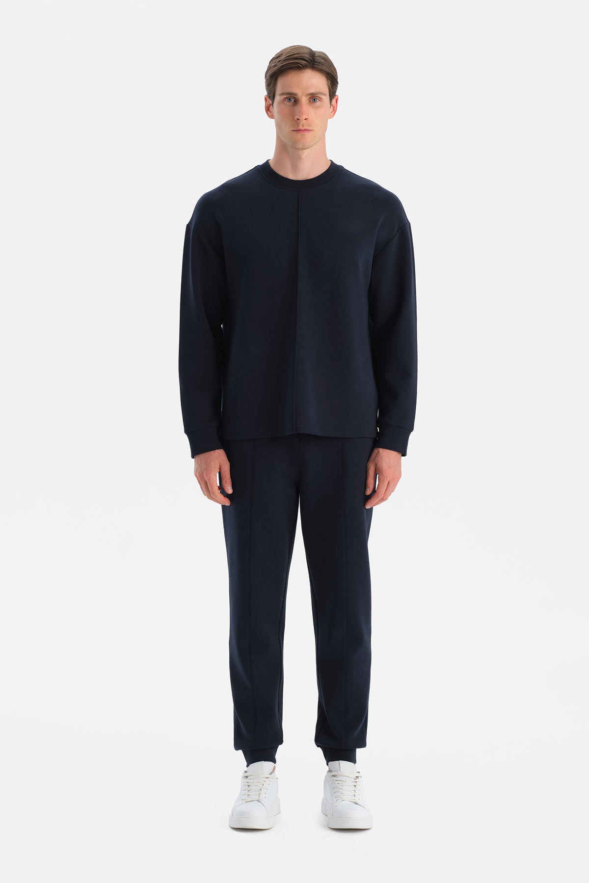 Lacivert Nervürlü Paça Bantlı Pantolon