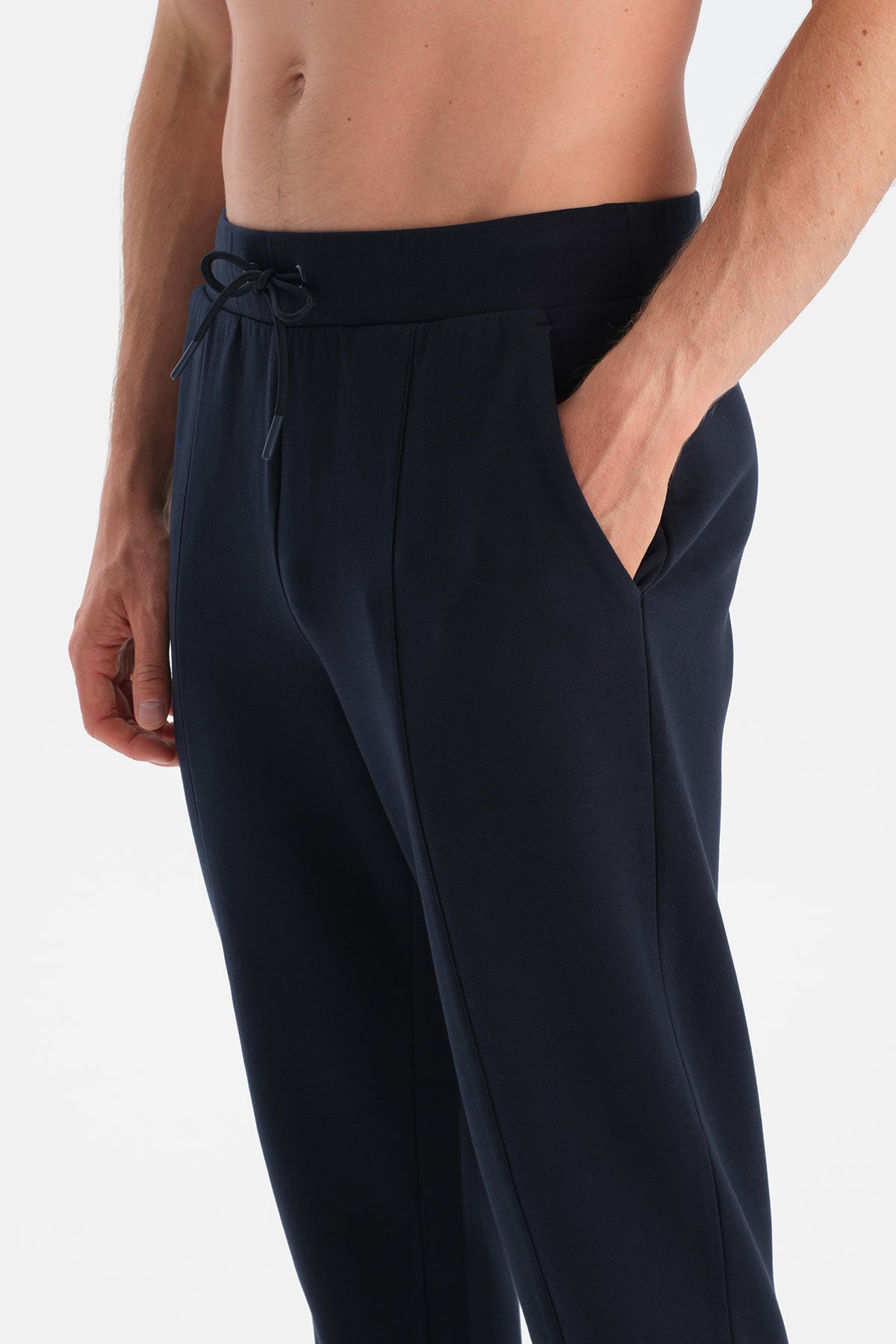 Lacivert Nervürlü Paça Bantlı Pantolon