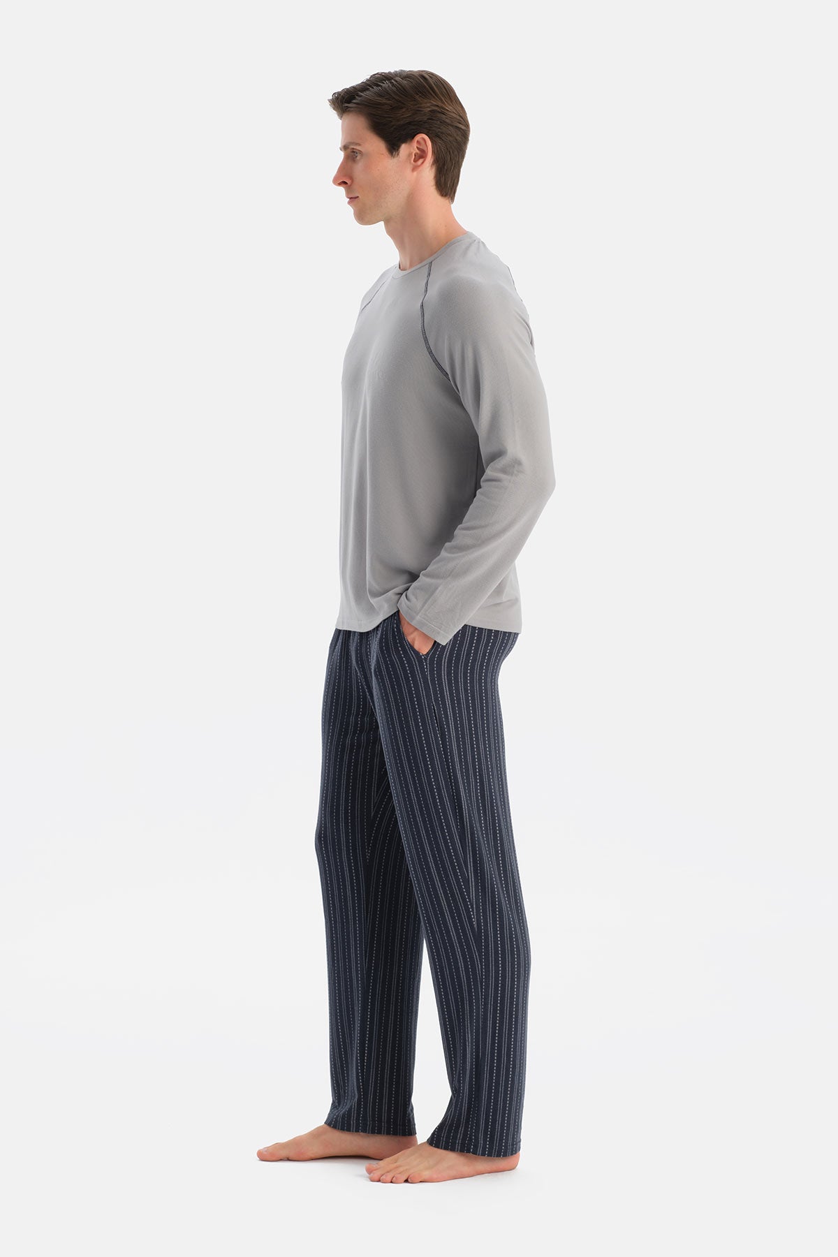 Gri Bisiklet Yaka Termal Tişört Pantolon Pijama Takımı