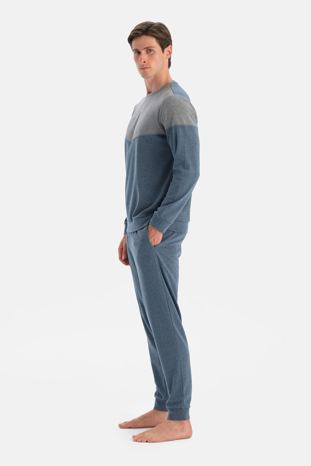 Indigo Melanj Parça Detaylı Uzun Kollu Pijama Takım