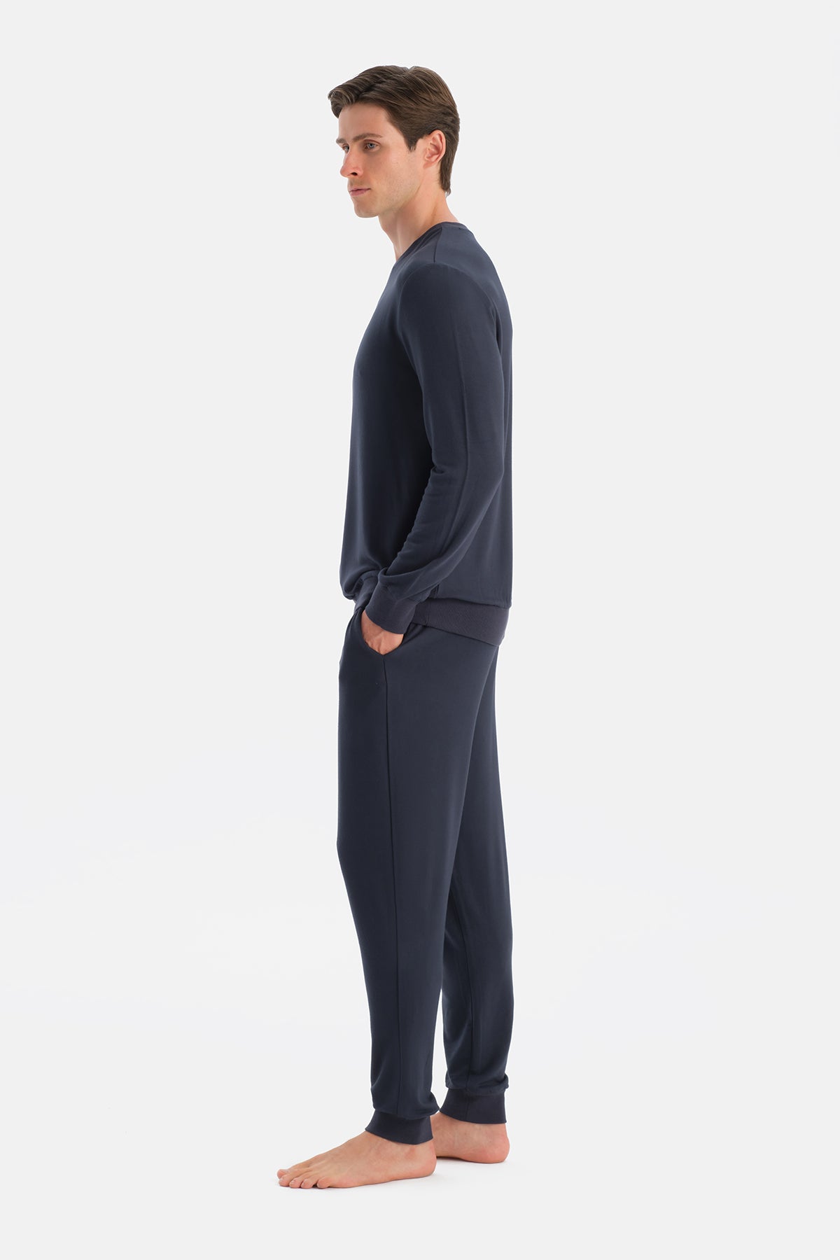 Lacivert Detaylı Uzun Kollu Tişört Pantolon Pijama Takımı