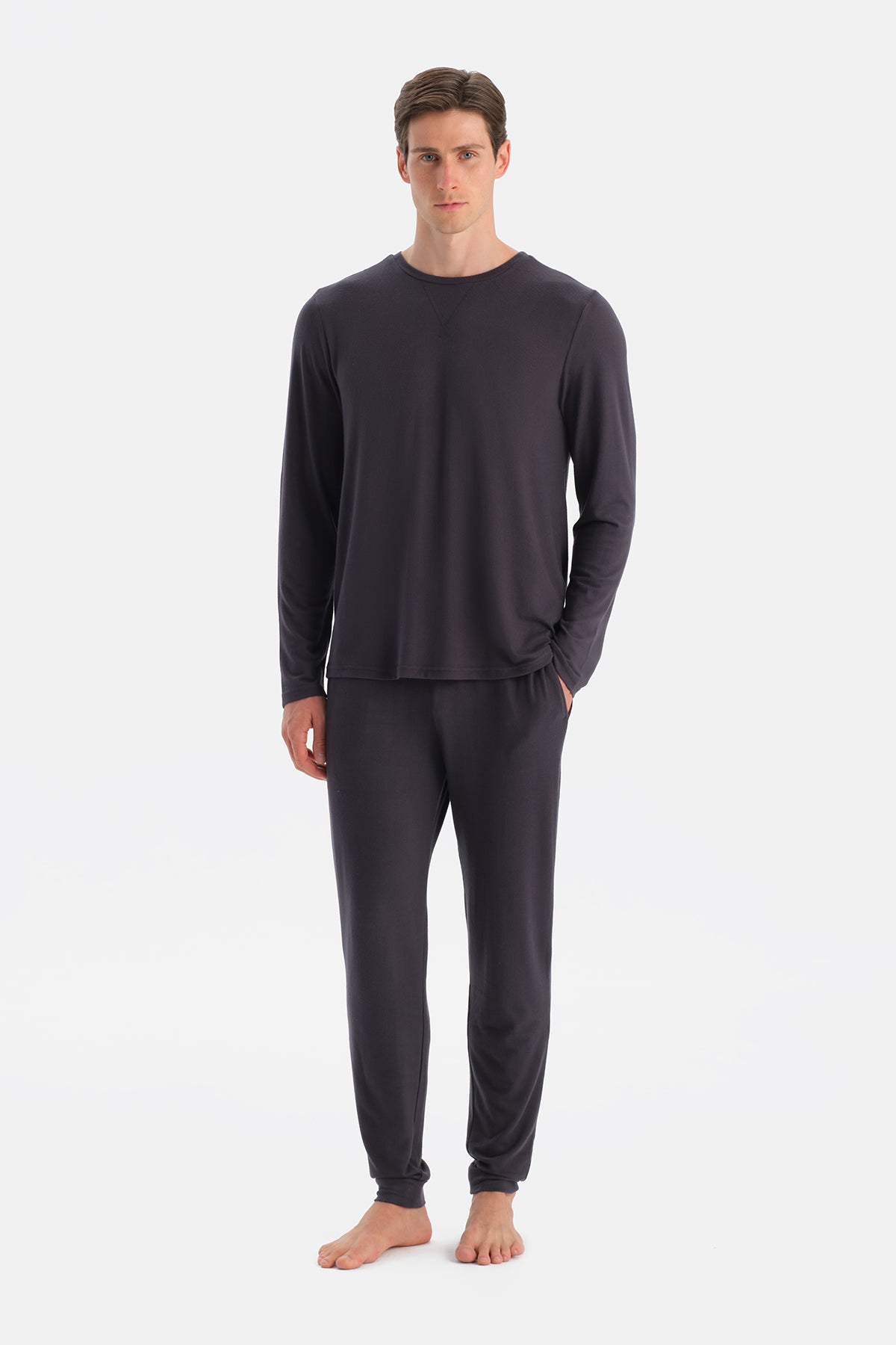 Antrasıt Uzun Kollu Termal Tişört Pantolon Pijama Takımı