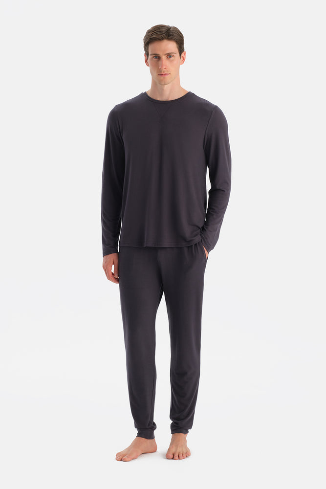 Antrasıt Uzun Kollu Termal Tişört Pantolon Pijama Takımı