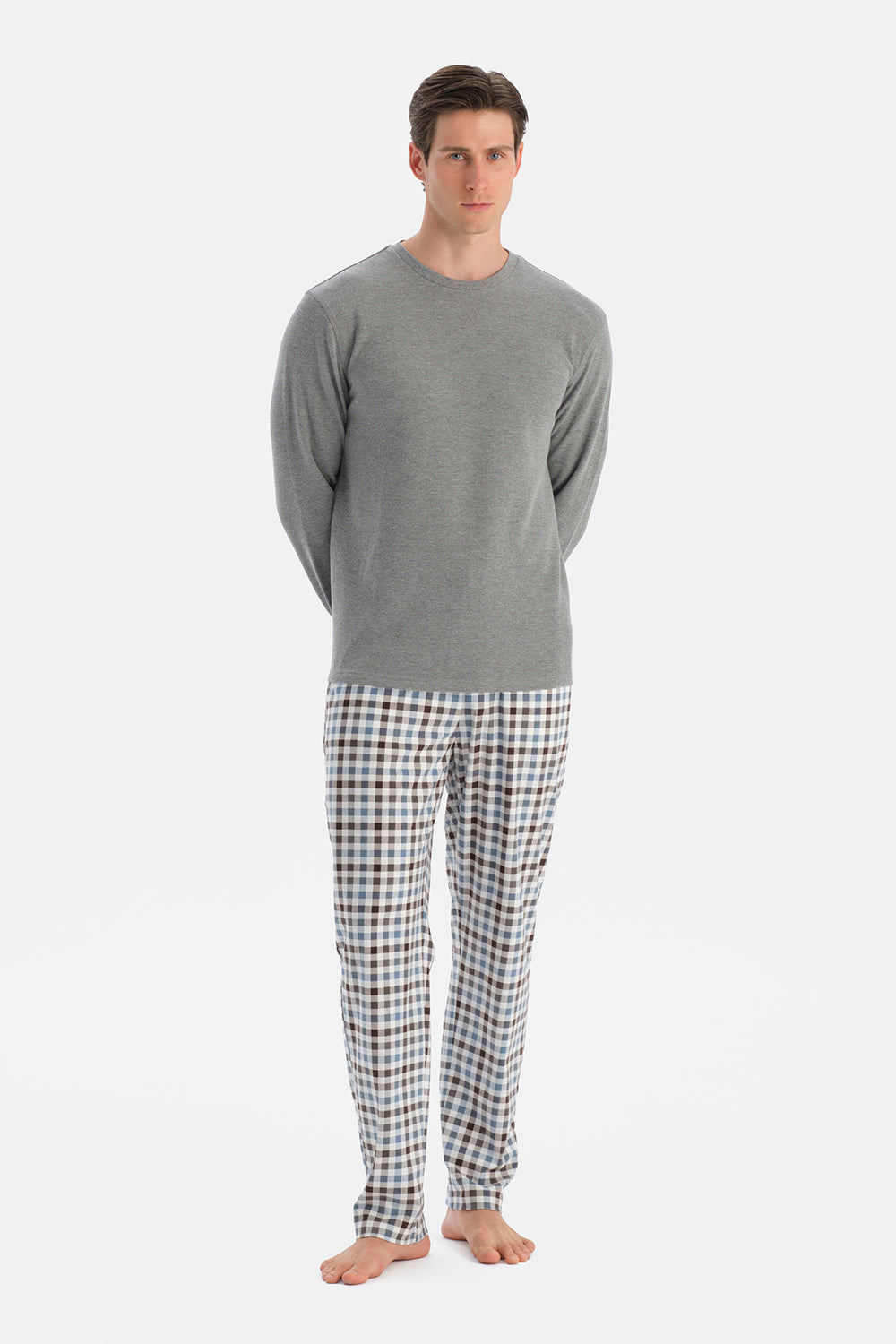 Gri Melanj Dikiş Detaylı Waffle Tişört Pantolon Pijama Takımı