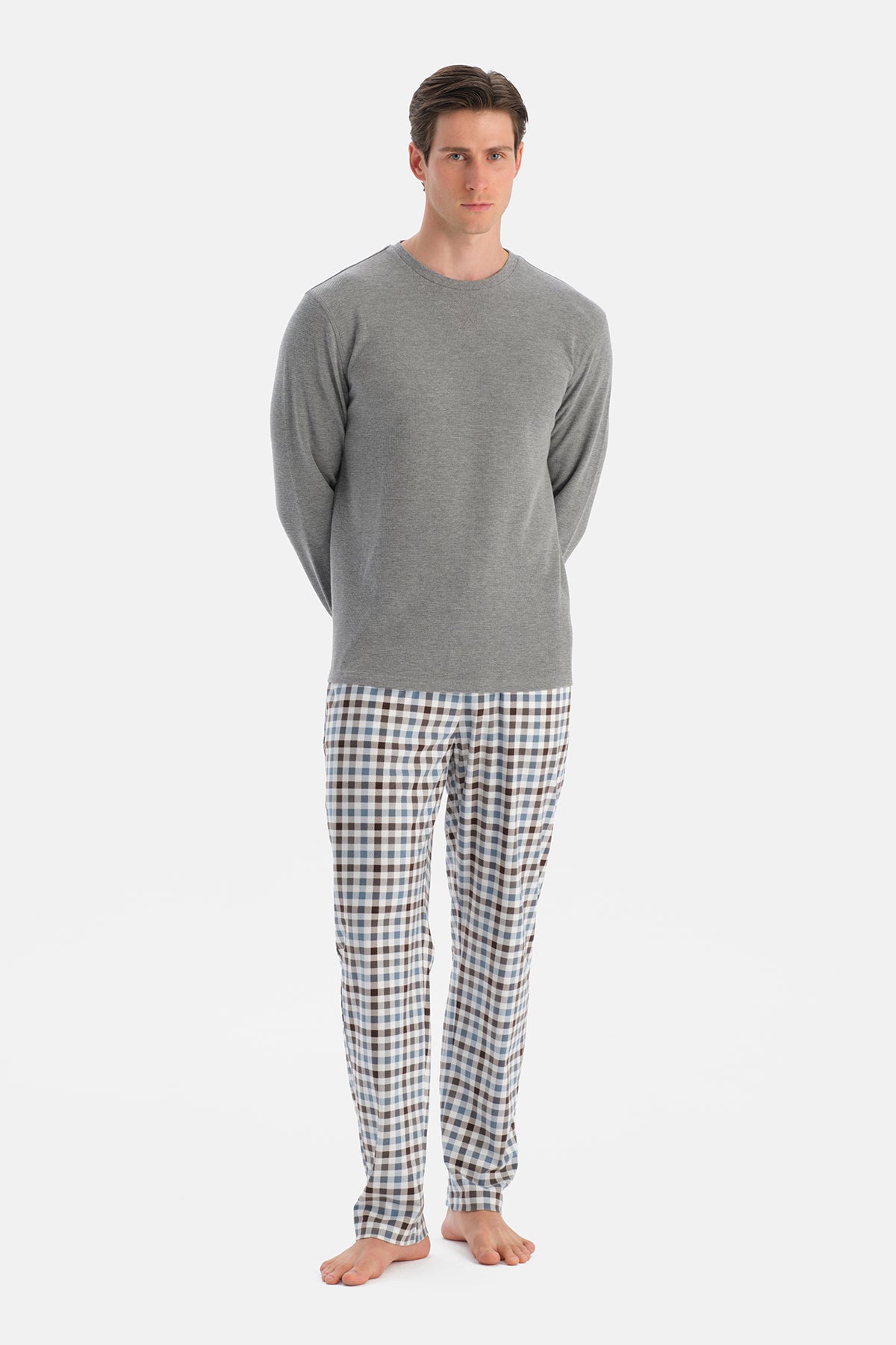 Gri Melanj Dikiş Detaylı Waffle Tişört Pantolon Pijama Takımı