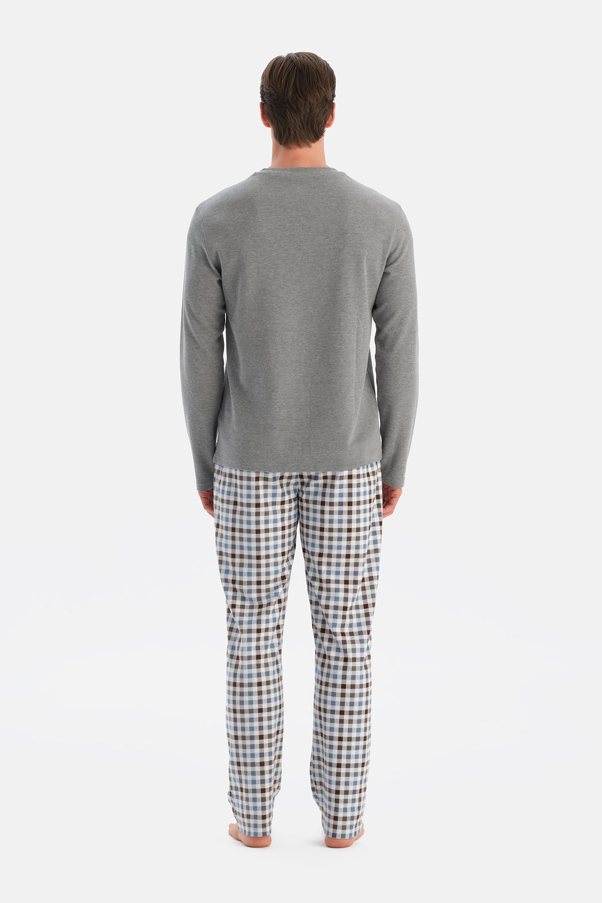 Gri Melanj Dikiş Detaylı Waffle Tişört Pantolon Pijama Takımı