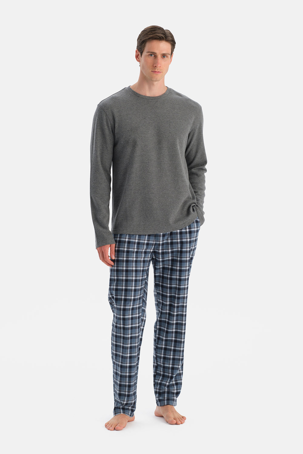 Antrasit Melanj Dikiş Detaylı Waffle Tişört Pantolon Pijama Takımı