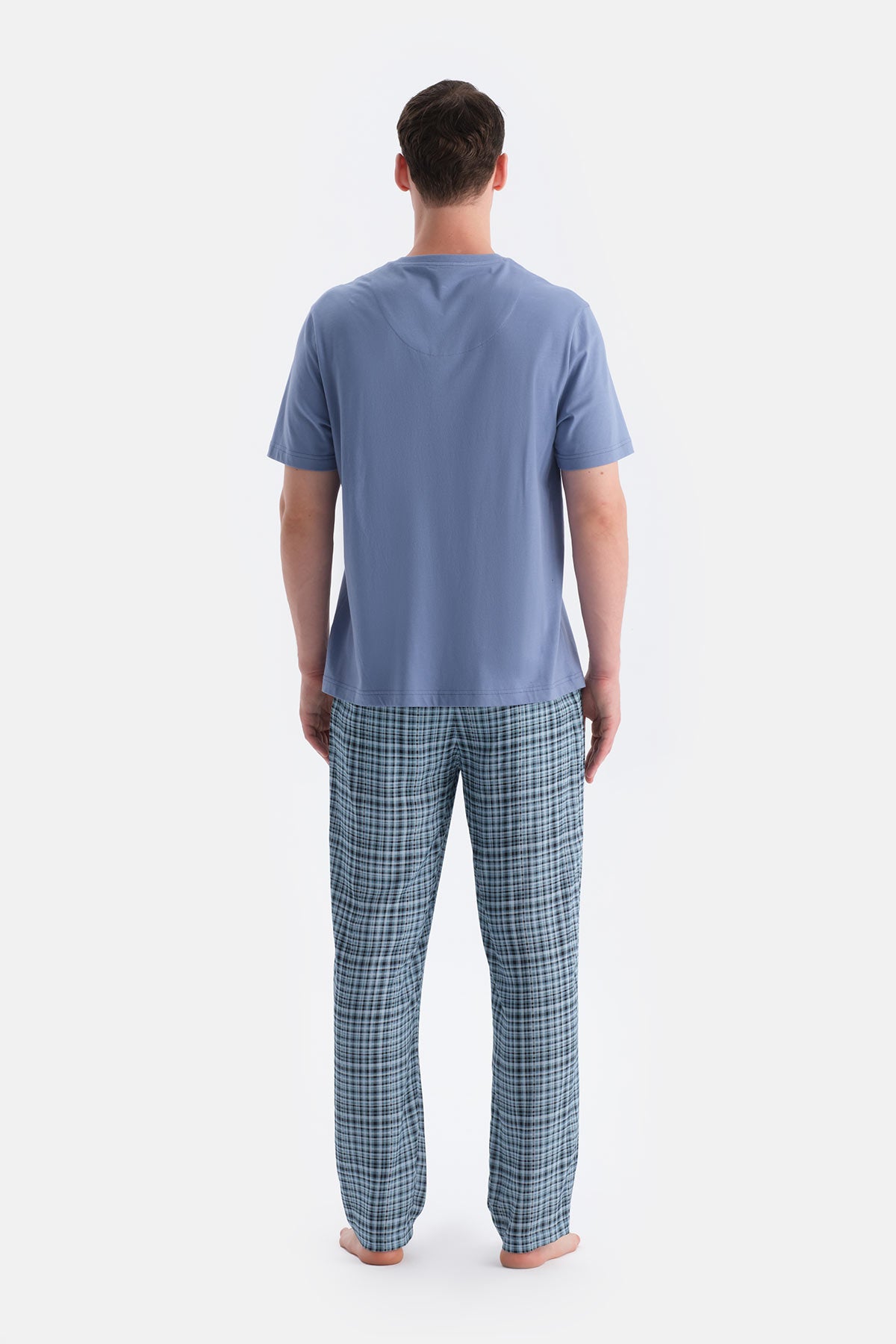 Mavi Patlı Altı Ekoseli Tişört Pantolon Takım