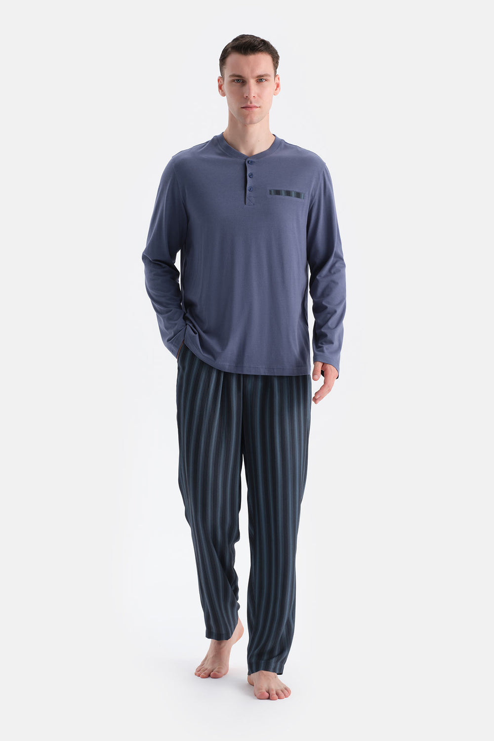 Indigo Patlı Cep Detaylı Tişört Pantolon Takım