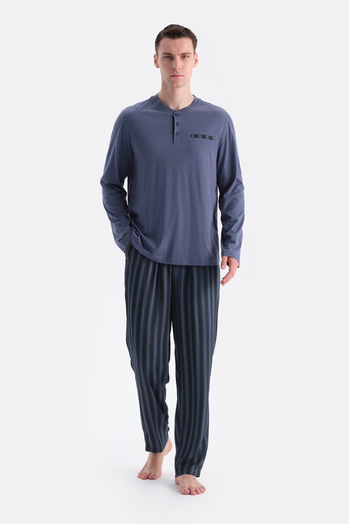 Indigo Patlı Cep Detaylı Tişört Pantolon Takım