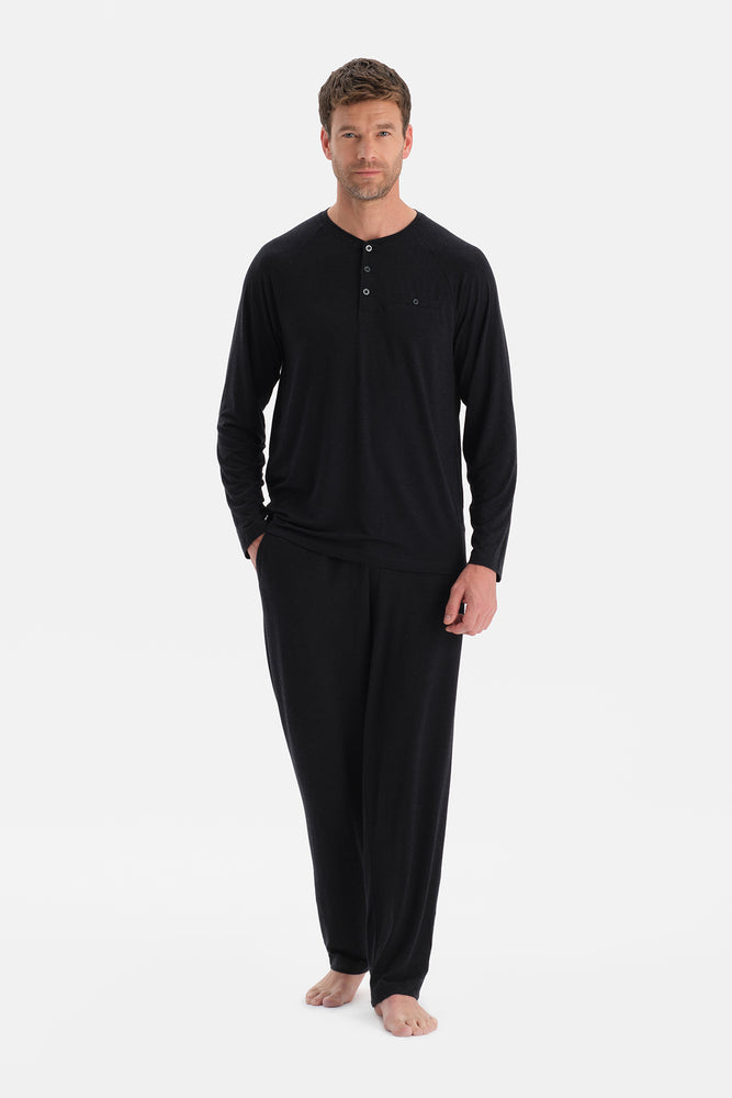 Antrasit Melanj Uzun Kollu Pat Ve Cep Detaylı Pijama Takım