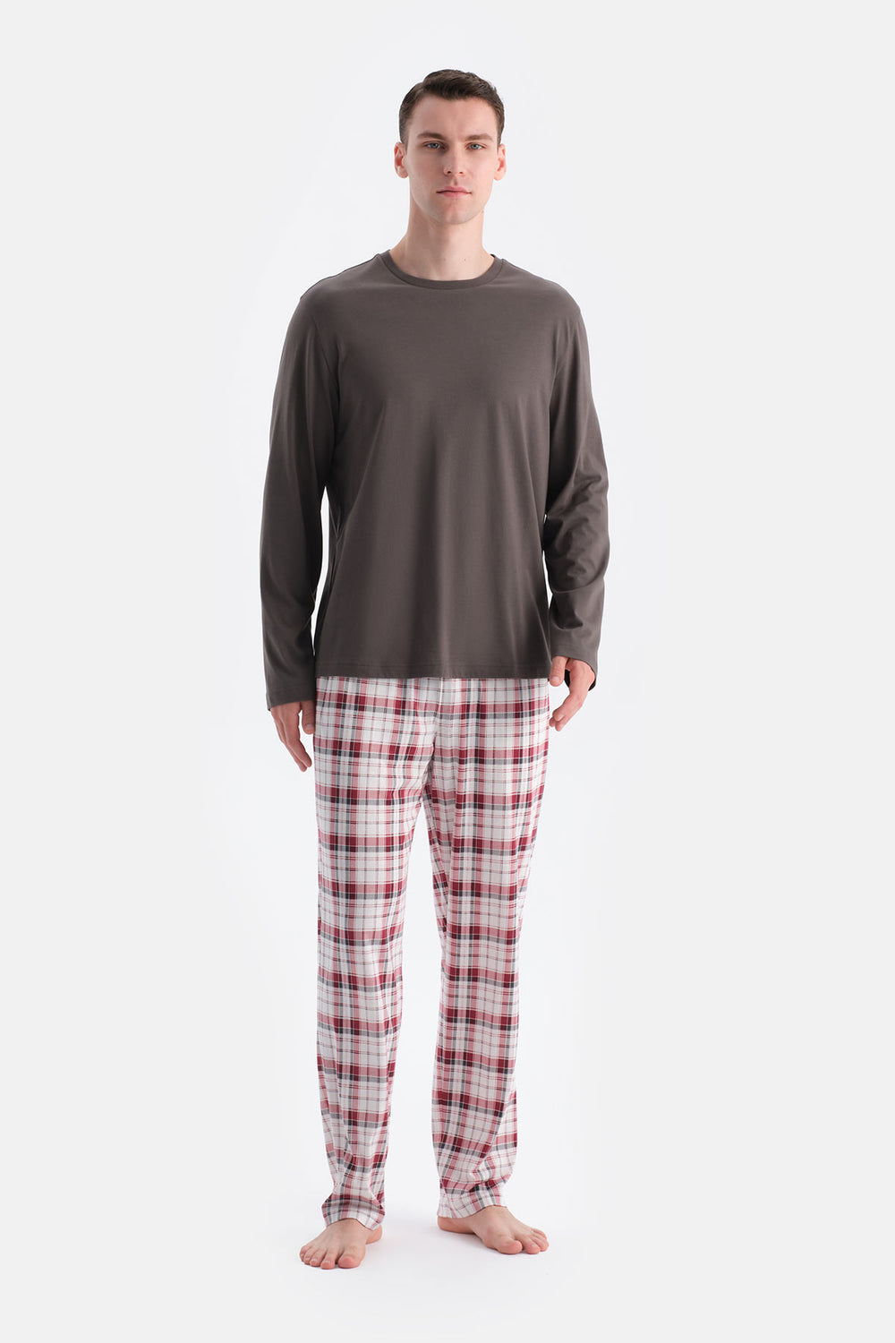 Füme Uzun Kollu Altı Ekoseli Tişört Pantolon Takım