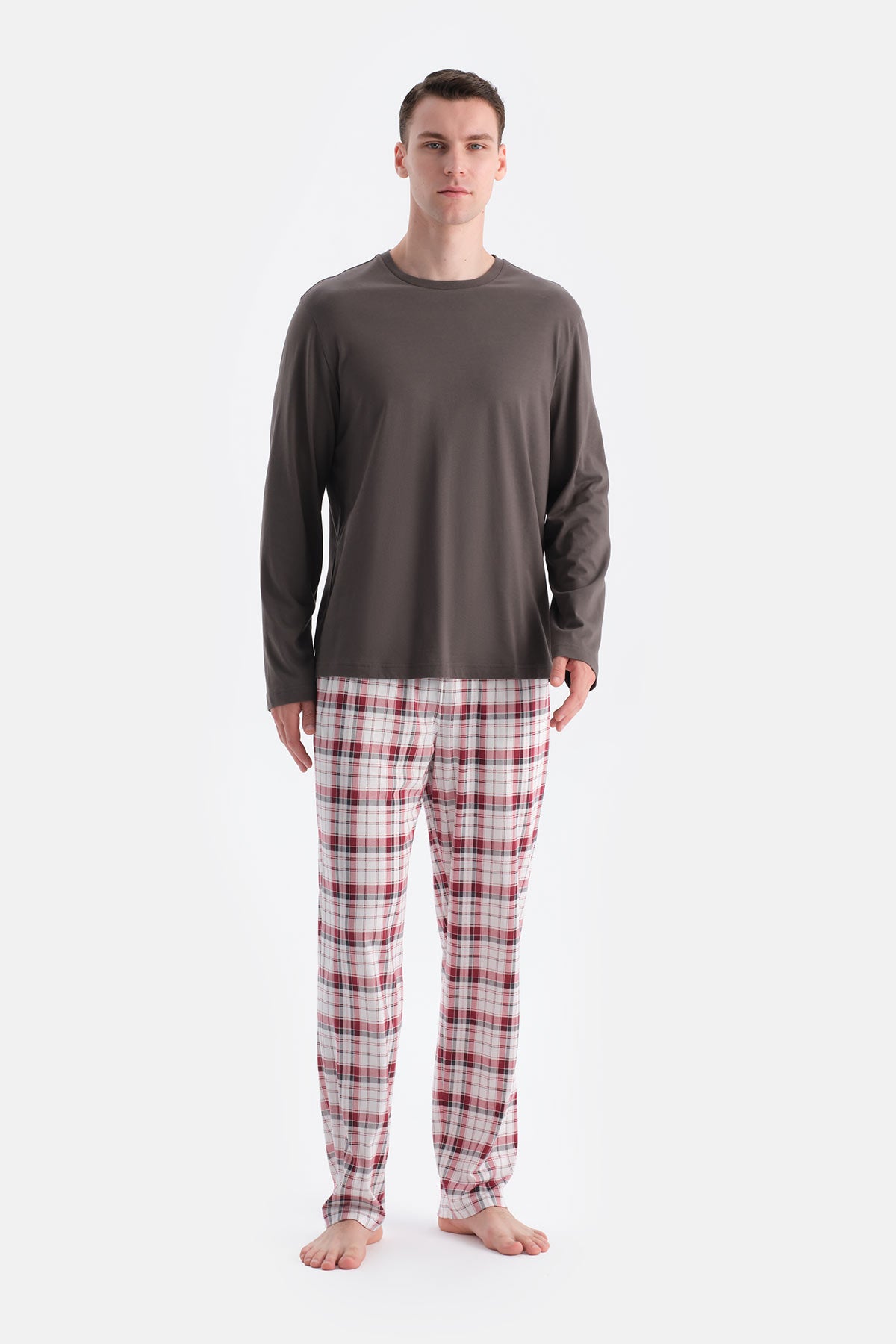 Füme Uzun Kollu Altı Ekoseli Tişört Pantolon Takım