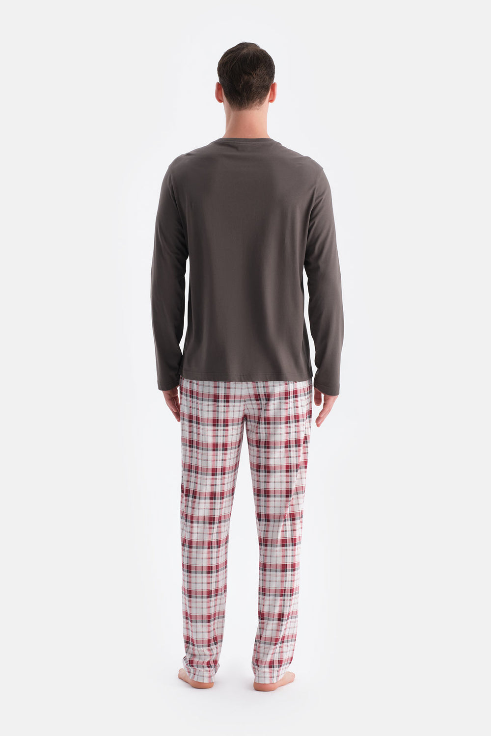 Füme Uzun Kollu Altı Ekoseli Tişört Pantolon Takım