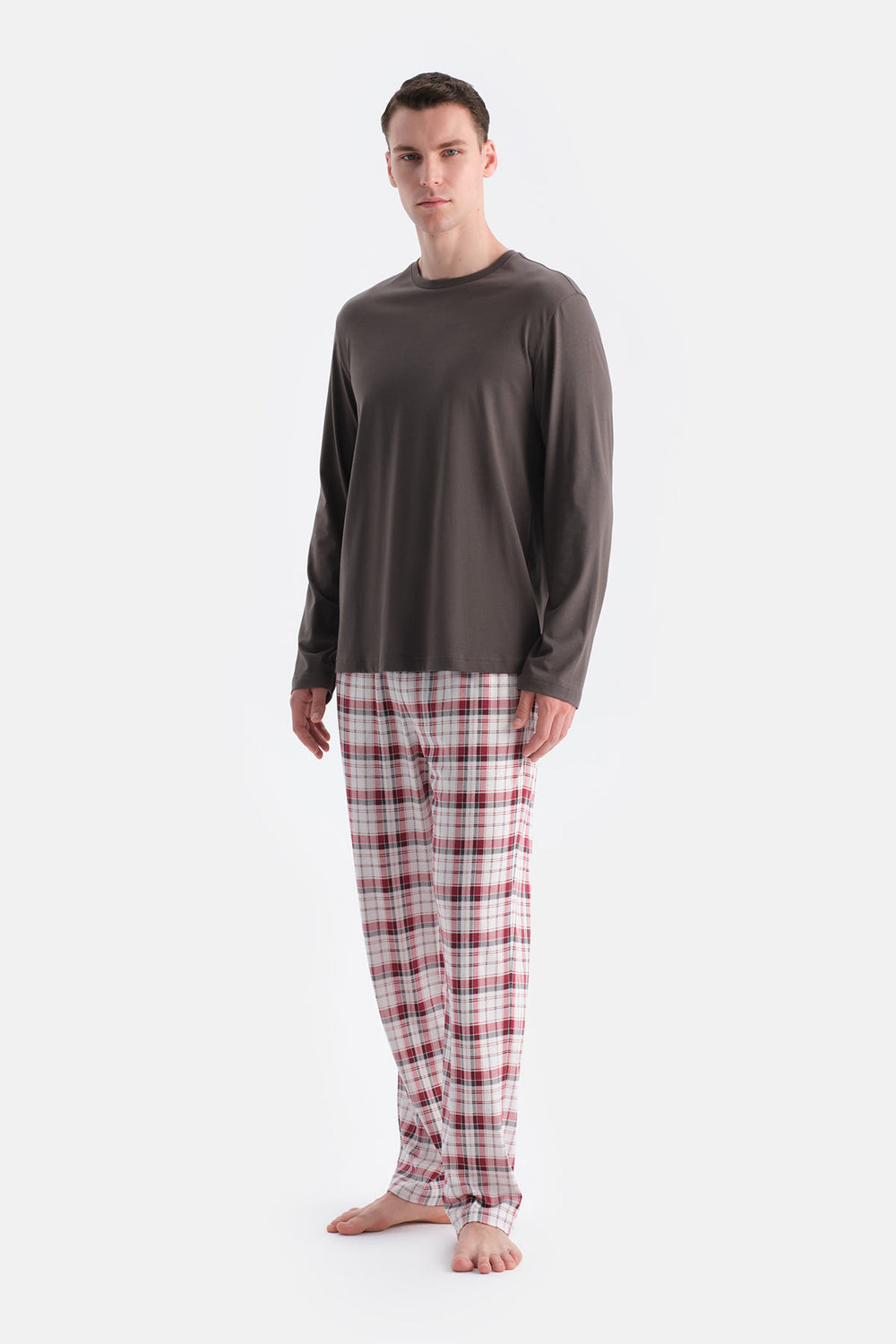 Füme Uzun Kollu Altı Ekoseli Tişört Pantolon Takım