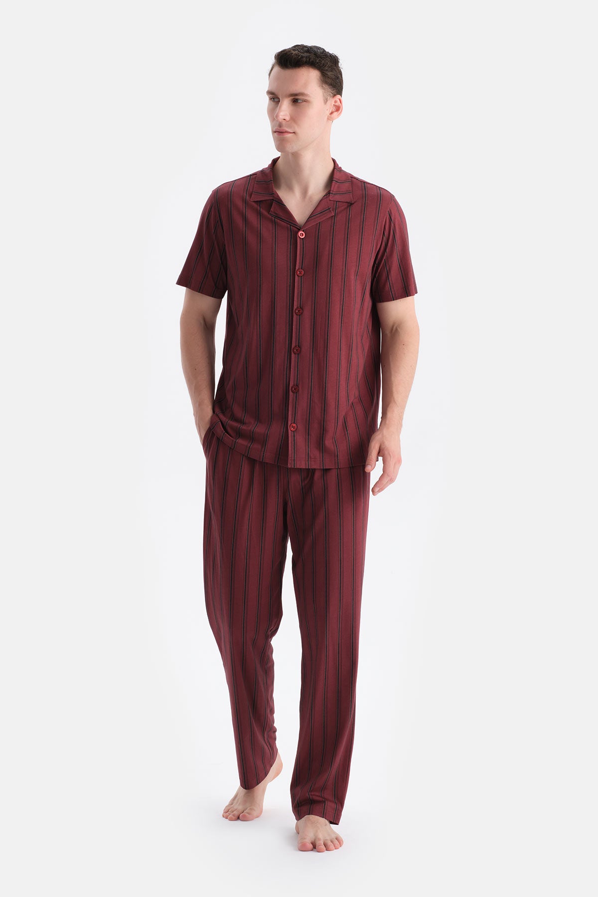 Bordo Çizgili Gömlek Pantolon Takım