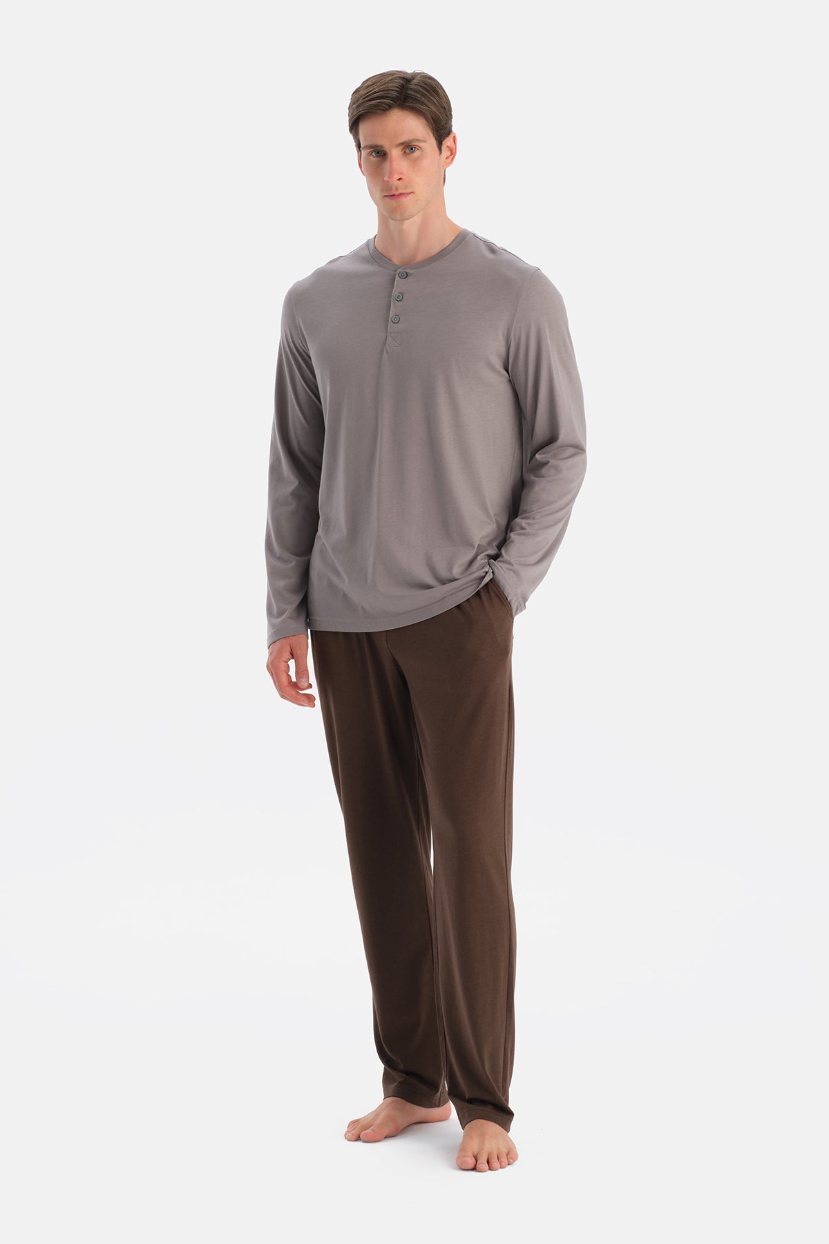 Gri Uzun Kollu Patlı Tişört Pantolon Takım