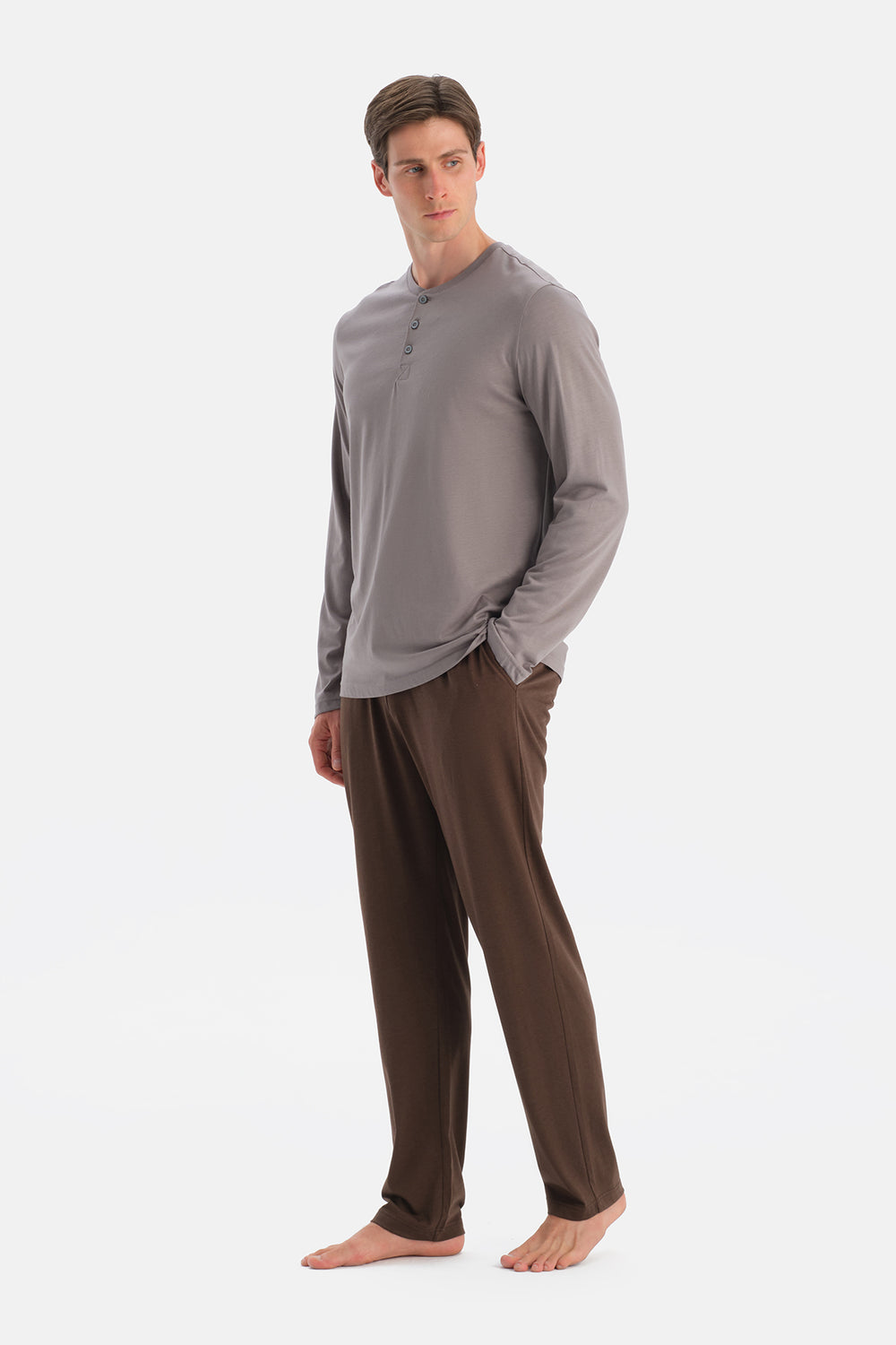 Gri Uzun Kollu Patlı Tişört Pantolon Takım