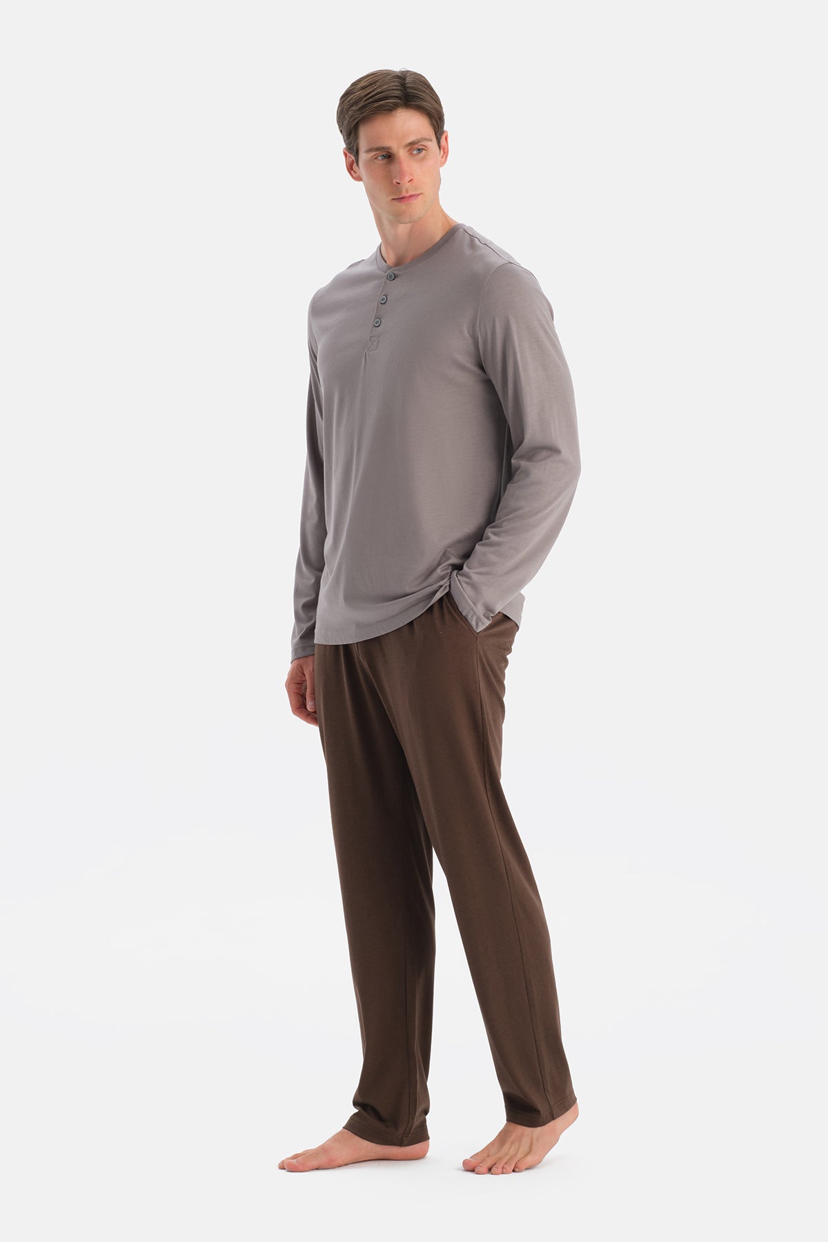 Gri Uzun Kollu Patlı Tişört Pantolon Takım