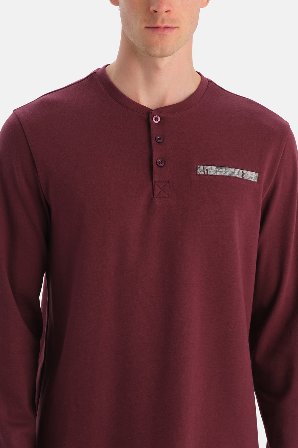 Bordo Uzun Kollu Pat Ve Cep Detaylı Tişört Pantolon Takım